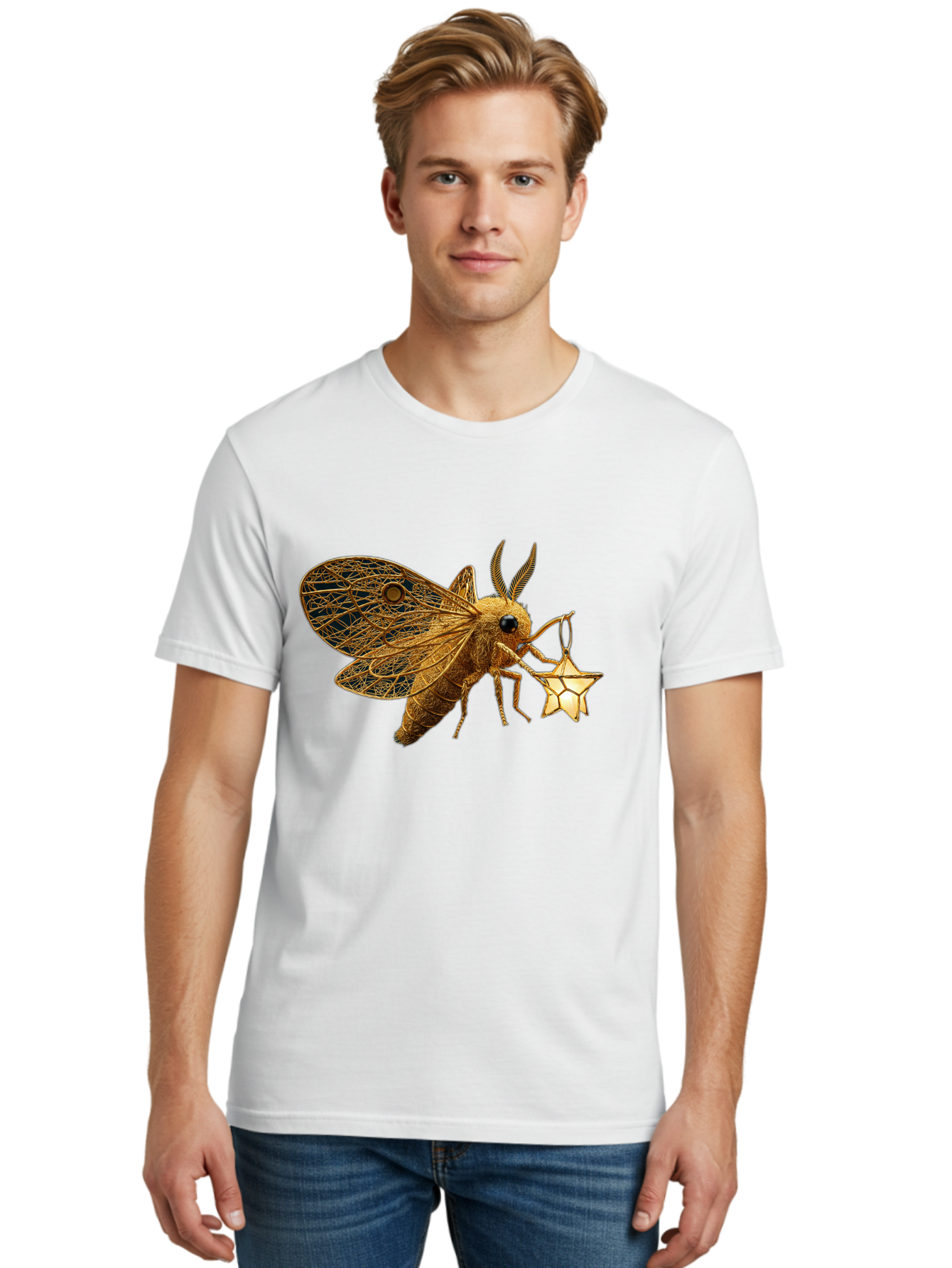 Golden-Bee-Holding-Star Men'S Graphic Tee, 100% Cotton, Comfortable Casual Summer Wear, Machine Washable, Vintage Camera, Old Camera, Antique Camera, Black Camera, Classic Photography, Photography Equipment, Nostalgic Device, Film Camera, Bam557