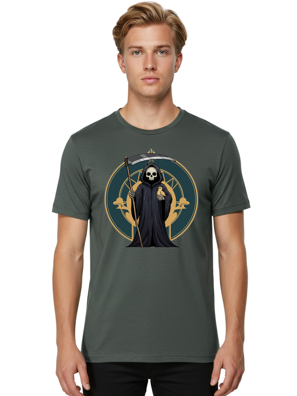 Grim-Reaper-With-Bird Men'S Graphic Tee, 100% Cotton, Comfortable Casual Summer Wear, Machine Washable, Vintage Camera, Old Camera, Antique Camera, Black Camera, Classic Photography, Photography Equipment, Nostalgic Device, Film Camera, Bam591