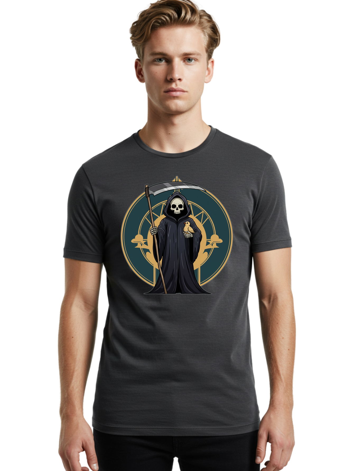 Grim-Reaper-With-Bird Men'S Graphic Tee, 100% Cotton, Comfortable Casual Summer Wear, Machine Washable, Vintage Camera, Old Camera, Antique Camera, Black Camera, Classic Photography, Photography Equipment, Nostalgic Device, Film Camera, Bam591