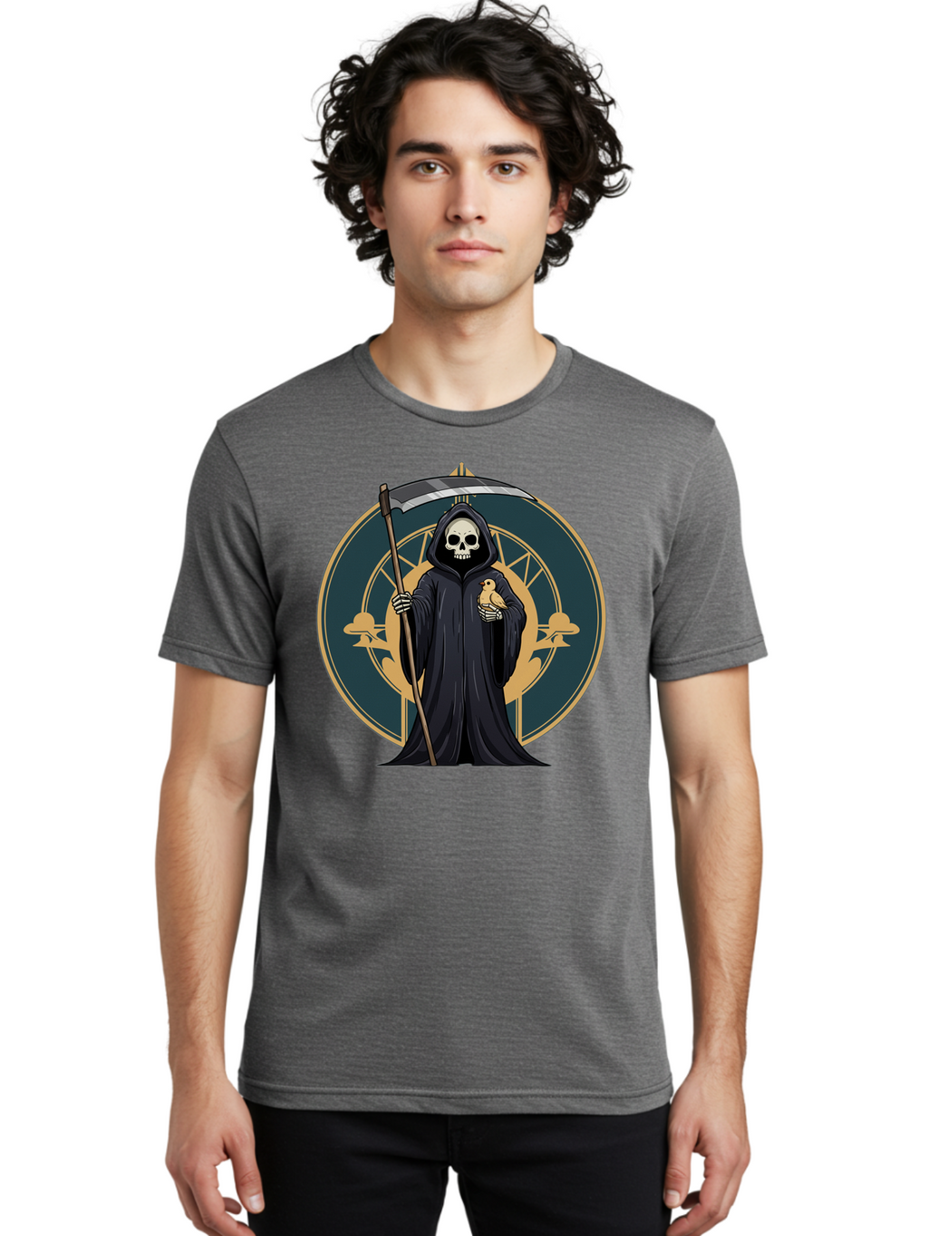Grim-Reaper-With-Bird Men'S Graphic Tee, 100% Cotton, Comfortable Casual Summer Wear, Machine Washable, Vintage Camera, Old Camera, Antique Camera, Black Camera, Classic Photography, Photography Equipment, Nostalgic Device, Film Camera, Bam591