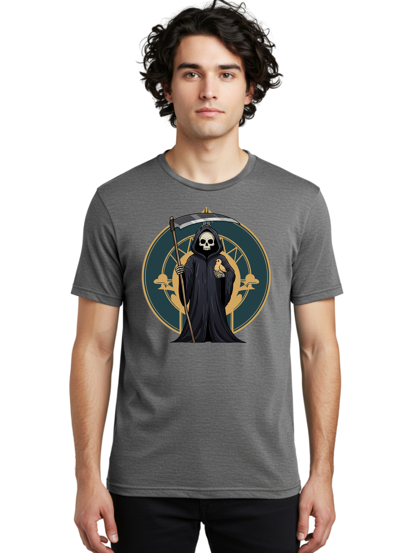 Grim-Reaper-With-Bird Men'S Graphic Tee, 100% Cotton, Comfortable Casual Summer Wear, Machine Washable, Vintage Camera, Old Camera, Antique Camera, Black Camera, Classic Photography, Photography Equipment, Nostalgic Device, Film Camera, Bam591