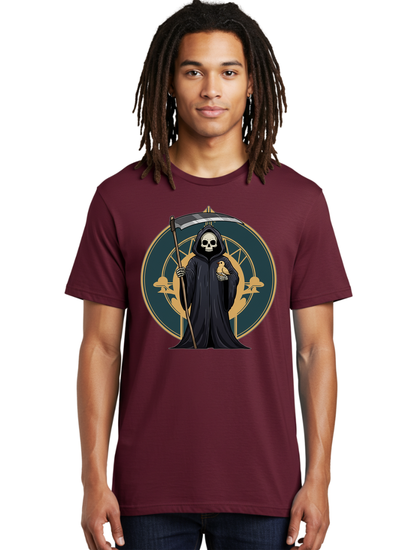 Grim-Reaper-With-Bird Men'S Graphic Tee, 100% Cotton, Comfortable Casual Summer Wear, Machine Washable, Vintage Camera, Old Camera, Antique Camera, Black Camera, Classic Photography, Photography Equipment, Nostalgic Device, Film Camera, Bam591