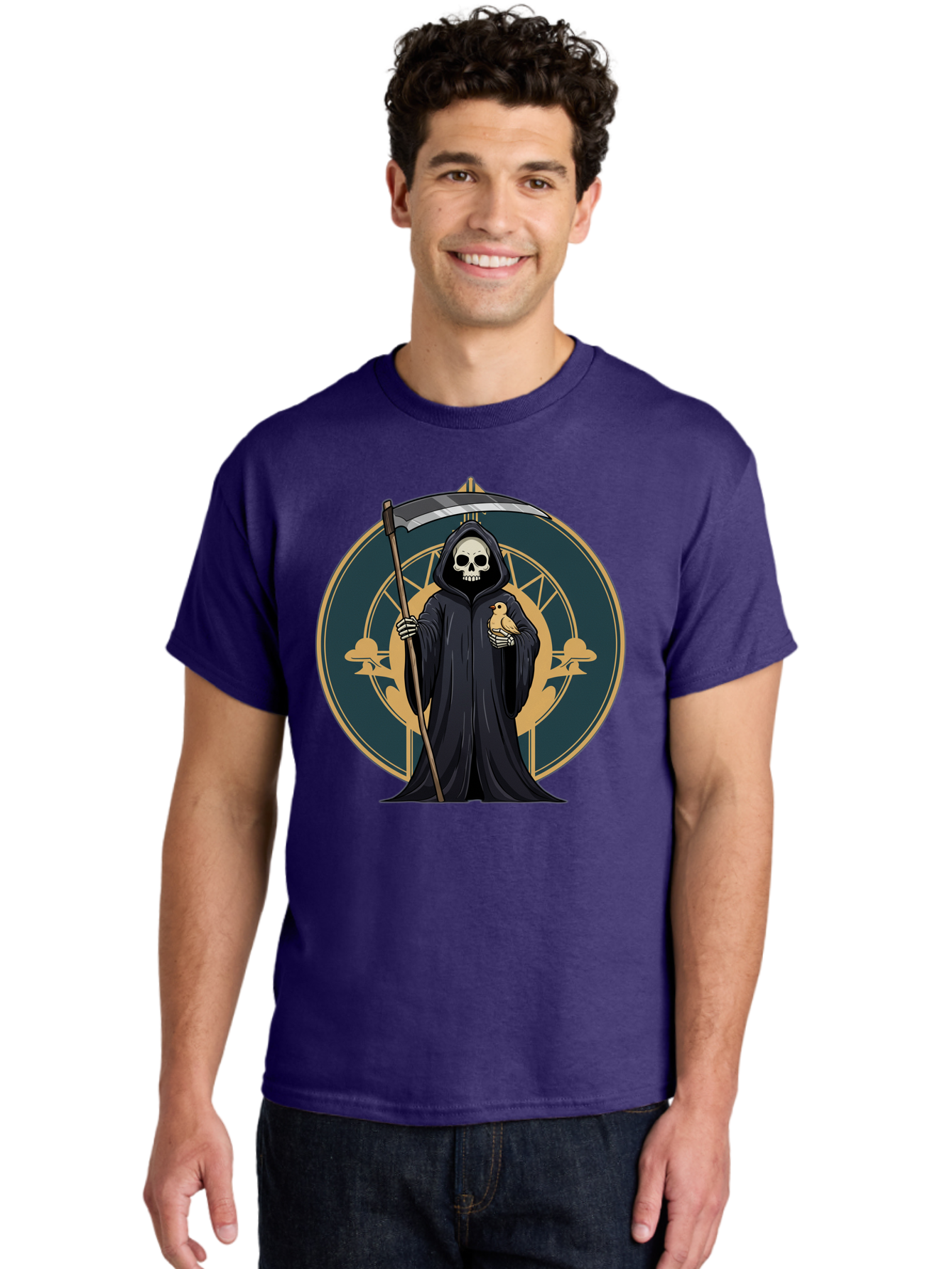 Grim-Reaper-With-Bird Men'S Graphic Tee, 100% Cotton, Comfortable Casual Summer Wear, Machine Washable, Vintage Camera, Old Camera, Antique Camera, Black Camera, Classic Photography, Photography Equipment, Nostalgic Device, Film Camera, Bam591