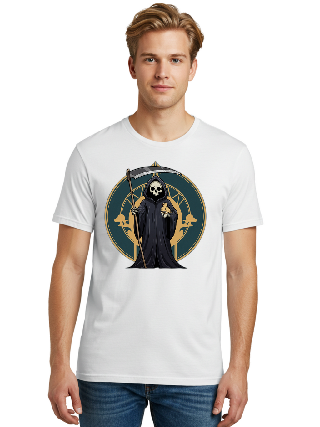Grim-Reaper-With-Bird Men'S Graphic Tee, 100% Cotton, Comfortable Casual Summer Wear, Machine Washable, Vintage Camera, Old Camera, Antique Camera, Black Camera, Classic Photography, Photography Equipment, Nostalgic Device, Film Camera, Bam591