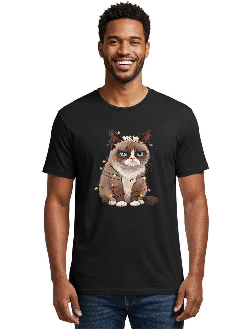 Grumpy-Cat-Christmas-Lights Men'S Graphic Tee, 100% Cotton, Comfortable Casual Summer Wear, Machine Washable, Vintage Camera, Old Camera, Antique Camera, Black Camera, Classic Photography, Photography Equipment, Nostalgic Device, Film Camera, Bam597