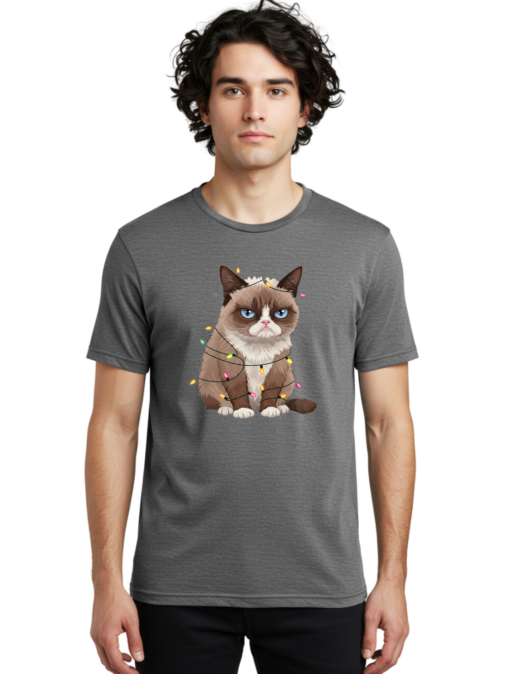 Grumpy-Cat-Christmas-Lights Men'S Graphic Tee, 100% Cotton, Comfortable Casual Summer Wear, Machine Washable, Vintage Camera, Old Camera, Antique Camera, Black Camera, Classic Photography, Photography Equipment, Nostalgic Device, Film Camera, Bam597