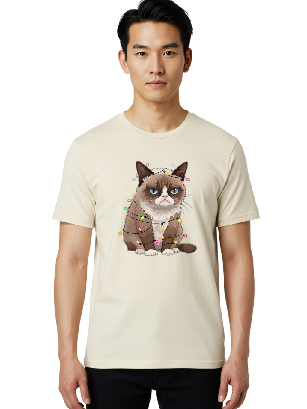 Grumpy-Cat-Christmas-Lights Men'S Graphic Tee, 100% Cotton, Comfortable Casual Summer Wear, Machine Washable, Vintage Camera, Old Camera, Antique Camera, Black Camera, Classic Photography, Photography Equipment, Nostalgic Device, Film Camera, Bam597