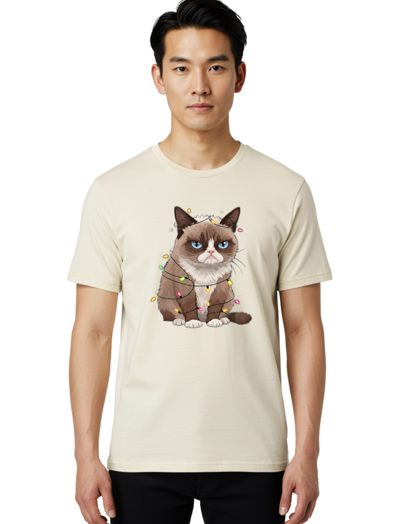 Grumpy-Cat-Christmas-Lights Men'S Graphic Tee, 100% Cotton, Comfortable Casual Summer Wear, Machine Washable, Vintage Camera, Old Camera, Antique Camera, Black Camera, Classic Photography, Photography Equipment, Nostalgic Device, Film Camera, Bam597