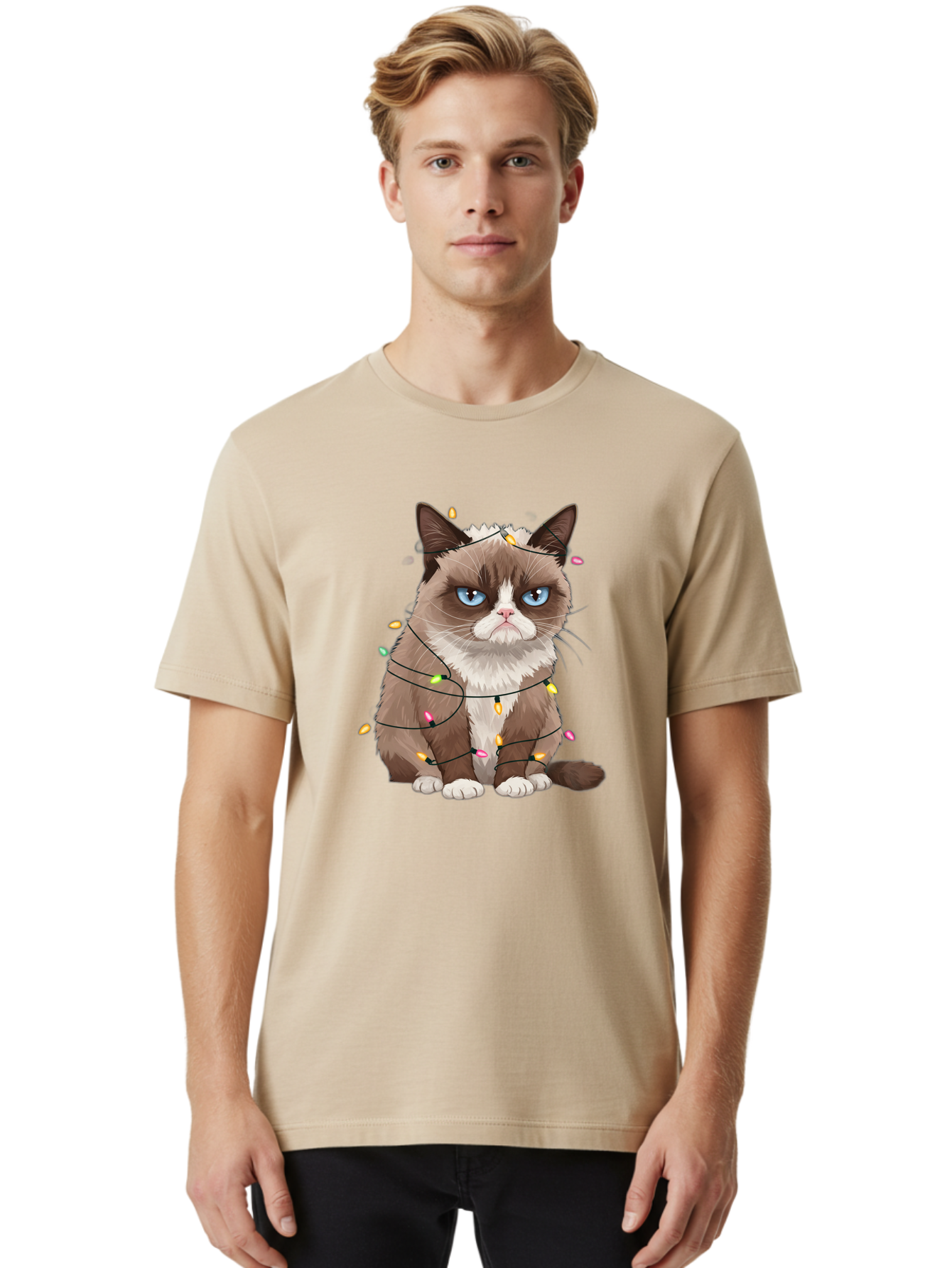 Grumpy-Cat-Christmas-Lights Men'S Graphic Tee, 100% Cotton, Comfortable Casual Summer Wear, Machine Washable, Vintage Camera, Old Camera, Antique Camera, Black Camera, Classic Photography, Photography Equipment, Nostalgic Device, Film Camera, Bam597