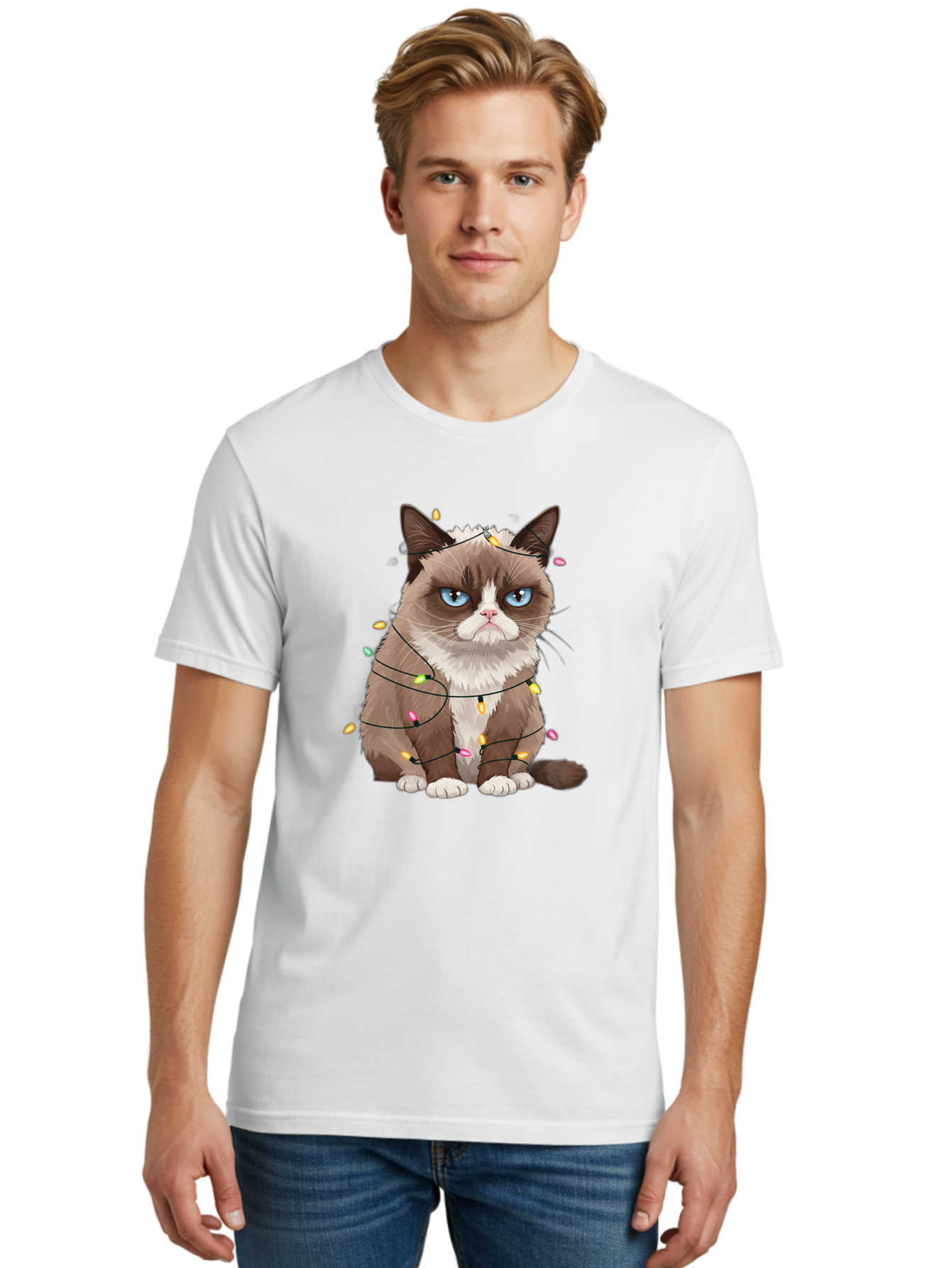 Grumpy-Cat-Christmas-Lights Men'S Graphic Tee, 100% Cotton, Comfortable Casual Summer Wear, Machine Washable, Vintage Camera, Old Camera, Antique Camera, Black Camera, Classic Photography, Photography Equipment, Nostalgic Device, Film Camera, Bam597