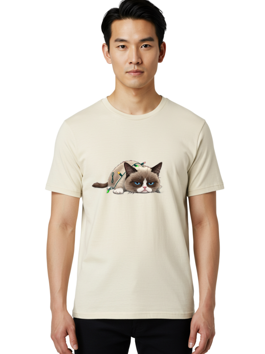 Grumpy-Cat-With-Christmas-Sweater Men'S Graphic Tee, 100% Cotton, Comfortable Casual Summer Wear, Machine Washable, Vintage Camera, Old Camera, Antique Camera, Black Camera, Classic Photography, Photography Equipment, Nostalgic Device, Bam598