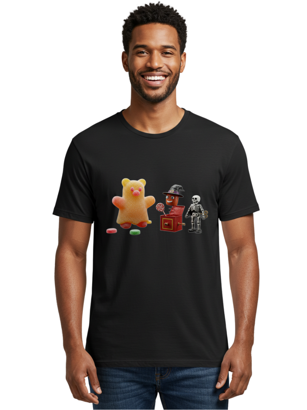 Gummy-Bear-Jack-In-The-Box-Skeleton Men'S Graphic Tee, 100% Cotton, Comfortable Casual Summer Wear, Machine Washable, Vintage Camera, Old Camera, Antique Camera, Black Camera, Classic Photography, Photography Equipment, Nostalgic Device, Bam610