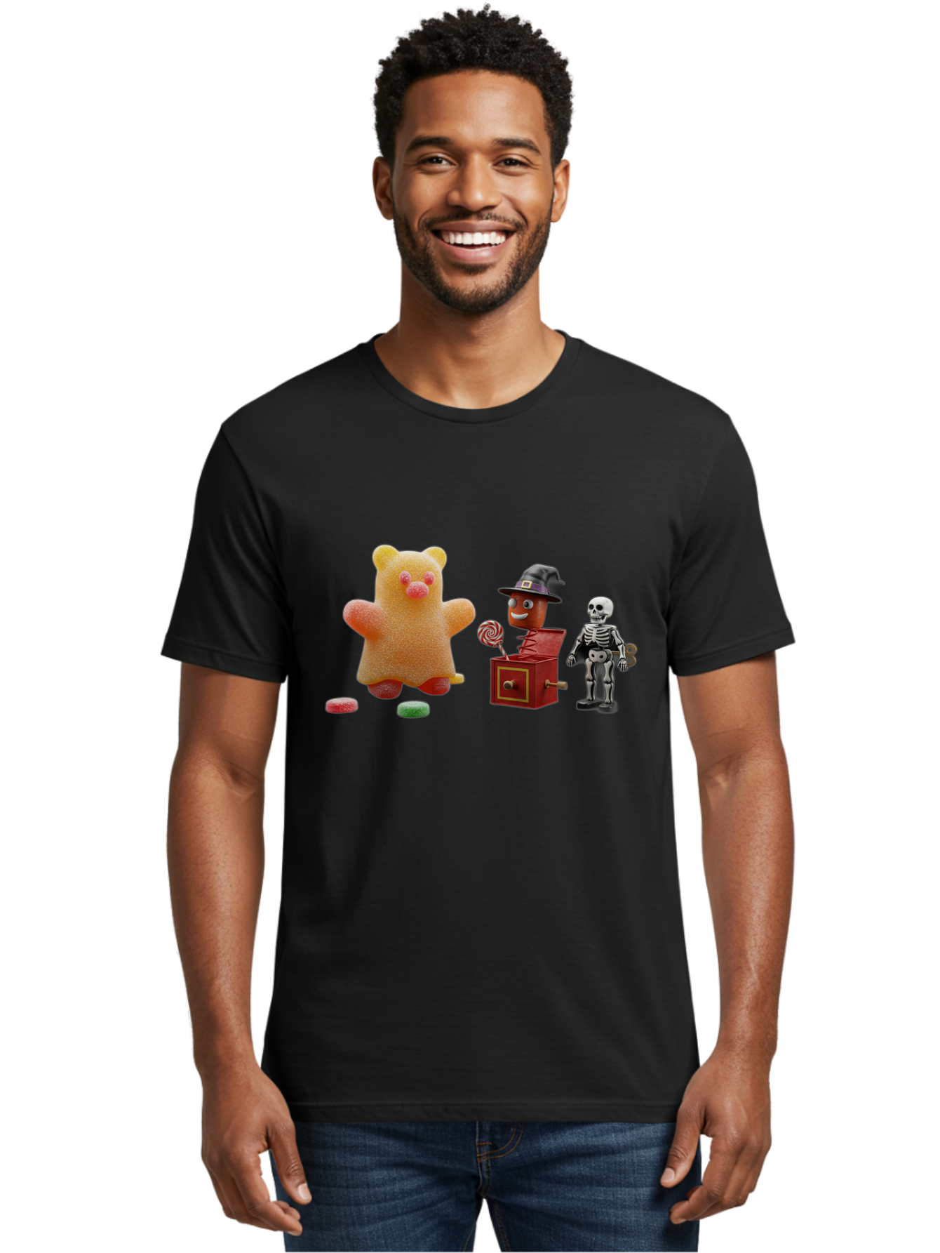 Gummy-Bear-Jack-In-The-Box-Skeleton Men'S Graphic Tee, 100% Cotton, Comfortable Casual Summer Wear, Machine Washable, Vintage Camera, Old Camera, Antique Camera, Black Camera, Classic Photography, Photography Equipment, Nostalgic Device, Bam610