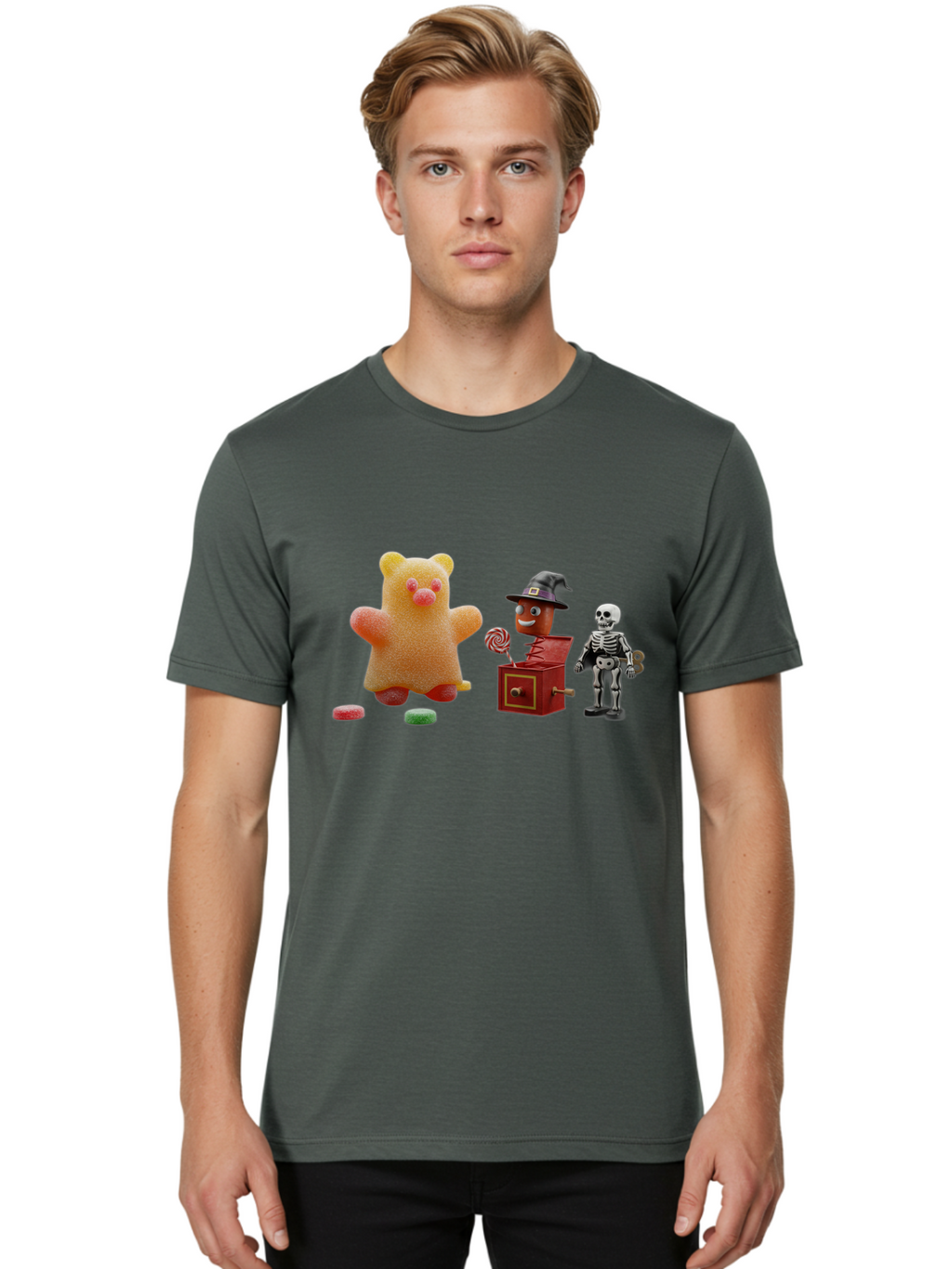 Gummy-Bear-Jack-In-The-Box-Skeleton Men'S Graphic Tee, 100% Cotton, Comfortable Casual Summer Wear, Machine Washable, Vintage Camera, Old Camera, Antique Camera, Black Camera, Classic Photography, Photography Equipment, Nostalgic Device, Bam610