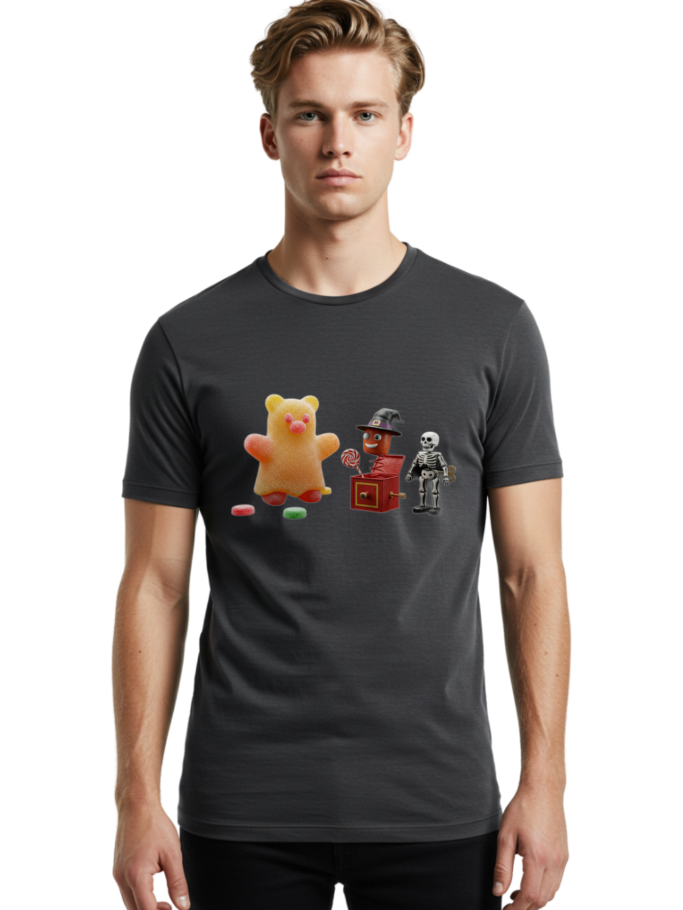 Gummy-Bear-Jack-In-The-Box-Skeleton Men'S Graphic Tee, 100% Cotton, Comfortable Casual Summer Wear, Machine Washable, Vintage Camera, Old Camera, Antique Camera, Black Camera, Classic Photography, Photography Equipment, Nostalgic Device, Bam610