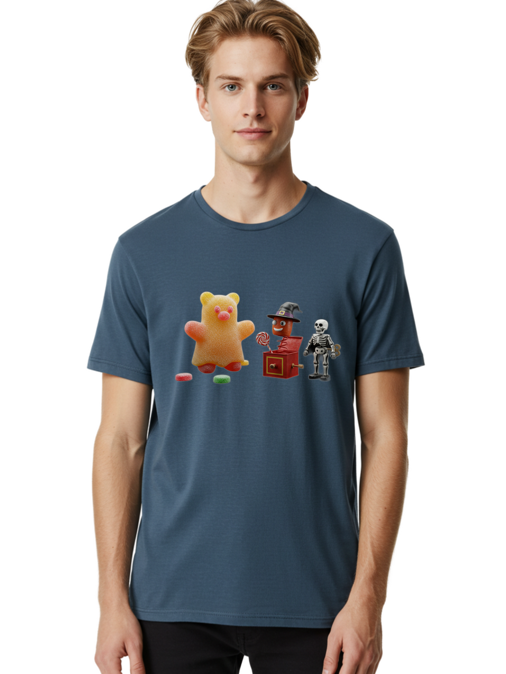 Gummy-Bear-Jack-In-The-Box-Skeleton Men'S Graphic Tee, 100% Cotton, Comfortable Casual Summer Wear, Machine Washable, Vintage Camera, Old Camera, Antique Camera, Black Camera, Classic Photography, Photography Equipment, Nostalgic Device, Bam610