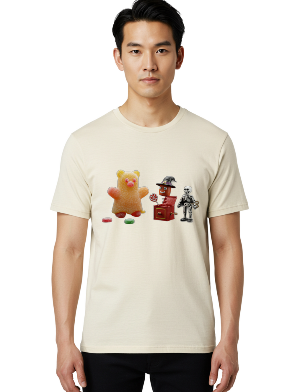 Gummy-Bear-Jack-In-The-Box-Skeleton Men'S Graphic Tee, 100% Cotton, Comfortable Casual Summer Wear, Machine Washable, Vintage Camera, Old Camera, Antique Camera, Black Camera, Classic Photography, Photography Equipment, Nostalgic Device, Bam610