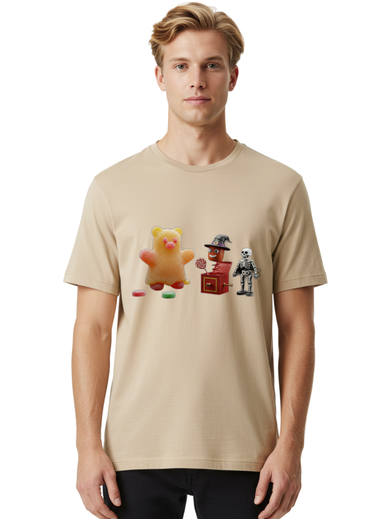 Gummy-Bear-Jack-In-The-Box-Skeleton Men'S Graphic Tee, 100% Cotton, Comfortable Casual Summer Wear, Machine Washable, Vintage Camera, Old Camera, Antique Camera, Black Camera, Classic Photography, Photography Equipment, Nostalgic Device, Bam610