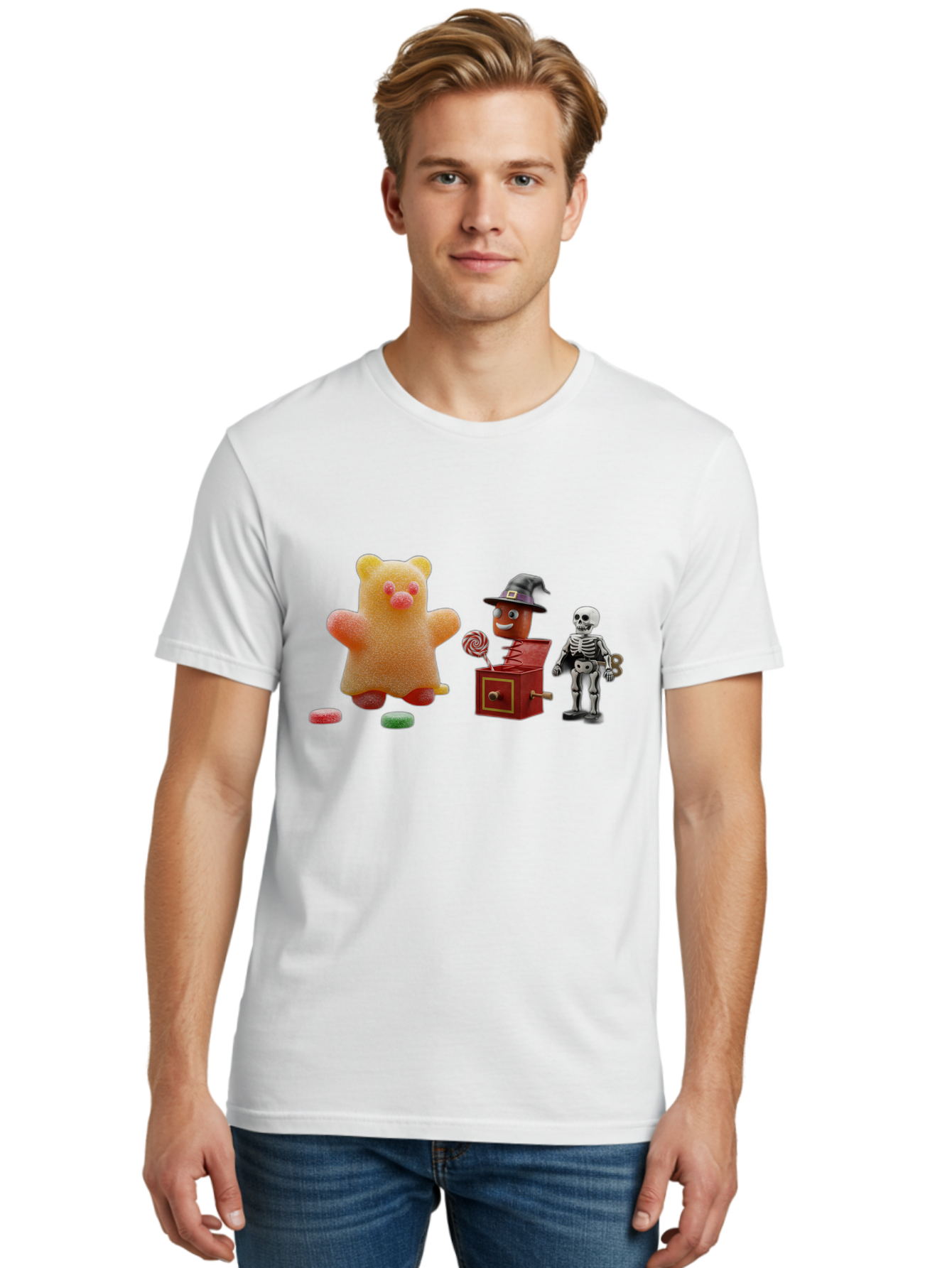 Gummy-Bear-Jack-In-The-Box-Skeleton Men'S Graphic Tee, 100% Cotton, Comfortable Casual Summer Wear, Machine Washable, Vintage Camera, Old Camera, Antique Camera, Black Camera, Classic Photography, Photography Equipment, Nostalgic Device, Bam610