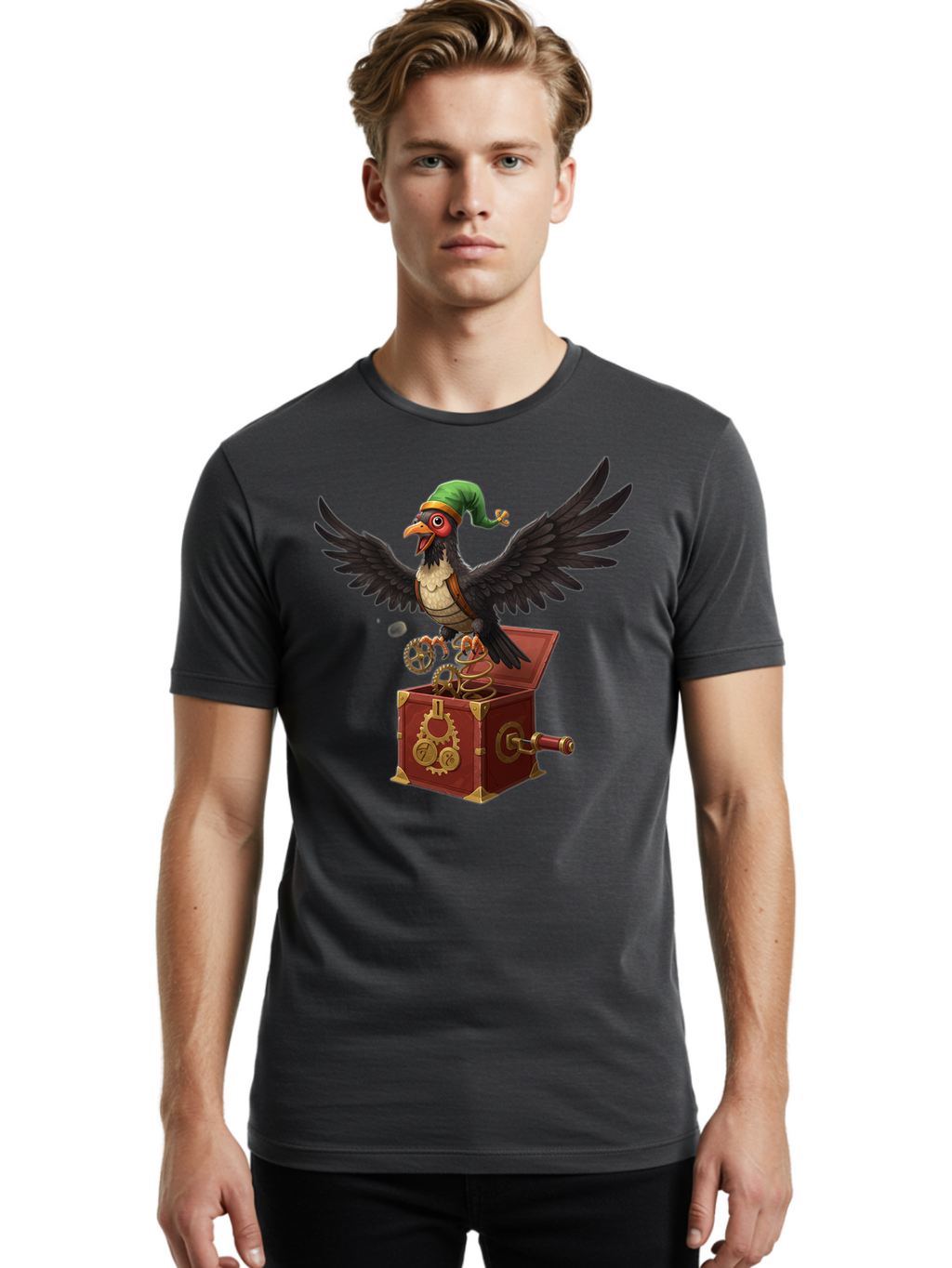 Jack-In-The-Box-Bird Men'S Graphic Tee, 100% Cotton, Comfortable Casual Summer Wear, Machine Washable, Vintage Camera, Old Camera, Antique Camera, Black Camera, Classic Photography, Photography Equipment, Nostalgic Device, Film Camera, Bam692