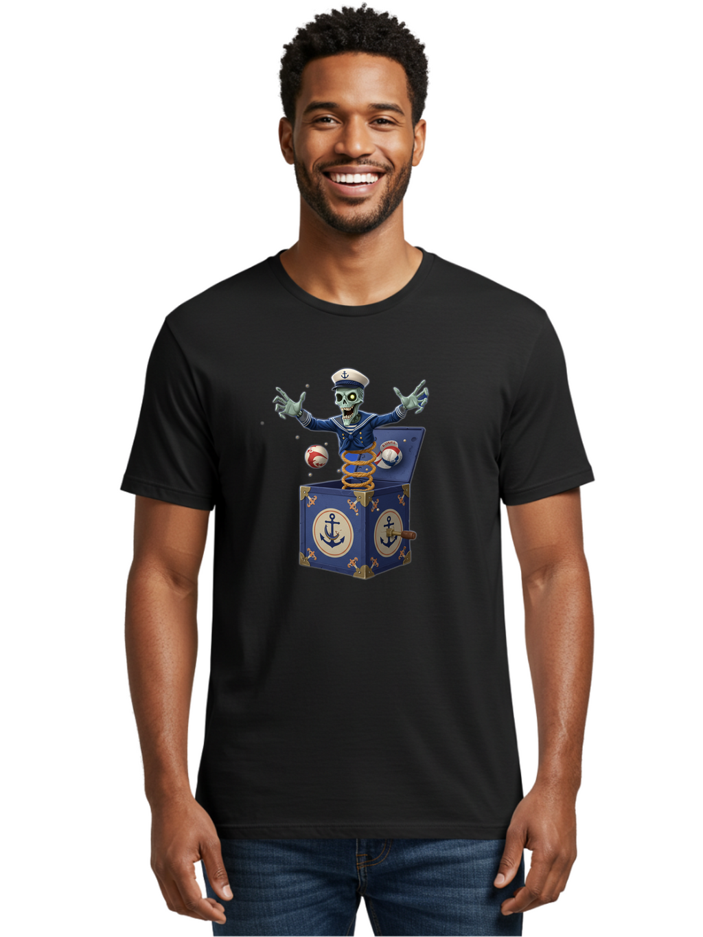 Jack-In-The-Box-Skeleton-Sailor Men'S Graphic Tee, 100% Cotton, Comfortable Casual Summer Wear, Machine Washable, Vintage Camera, Old Camera, Antique Camera, Black Camera, Classic Photography, Photography Equipment, Nostalgic Device, Bam697