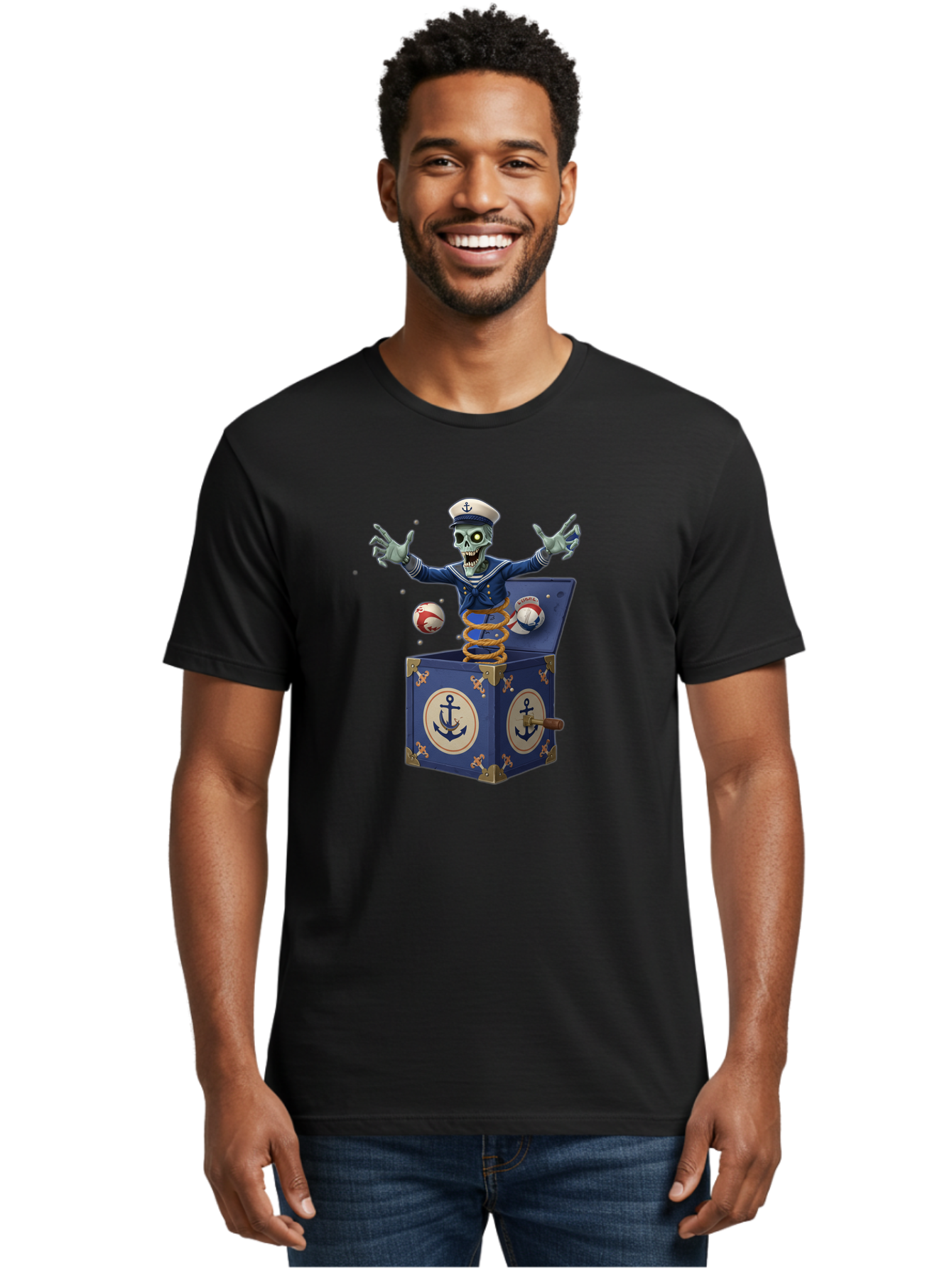 Jack-In-The-Box-Skeleton-Sailor Men'S Graphic Tee, 100% Cotton, Comfortable Casual Summer Wear, Machine Washable, Vintage Camera, Old Camera, Antique Camera, Black Camera, Classic Photography, Photography Equipment, Nostalgic Device, Bam697