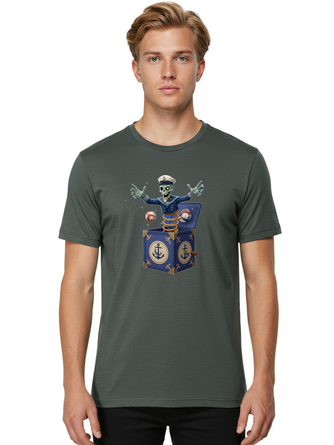 Jack-In-The-Box-Skeleton-Sailor Men'S Graphic Tee, 100% Cotton, Comfortable Casual Summer Wear, Machine Washable, Vintage Camera, Old Camera, Antique Camera, Black Camera, Classic Photography, Photography Equipment, Nostalgic Device, Bam697