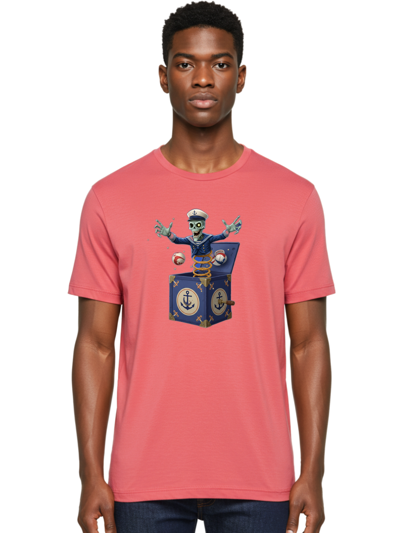 Jack-In-The-Box-Skeleton-Sailor Men'S Graphic Tee, 100% Cotton, Comfortable Casual Summer Wear, Machine Washable, Vintage Camera, Old Camera, Antique Camera, Black Camera, Classic Photography, Photography Equipment, Nostalgic Device, Bam697