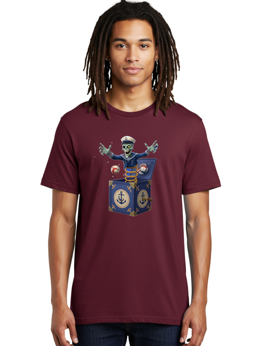 Jack-In-The-Box-Skeleton-Sailor Men'S Graphic Tee, 100% Cotton, Comfortable Casual Summer Wear, Machine Washable, Vintage Camera, Old Camera, Antique Camera, Black Camera, Classic Photography, Photography Equipment, Nostalgic Device, Bam697
