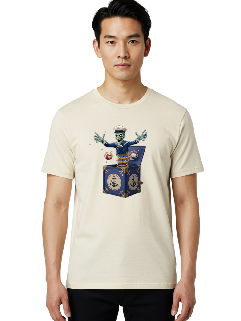 Jack-In-The-Box-Skeleton-Sailor Men'S Graphic Tee, 100% Cotton, Comfortable Casual Summer Wear, Machine Washable, Vintage Camera, Old Camera, Antique Camera, Black Camera, Classic Photography, Photography Equipment, Nostalgic Device, Bam697