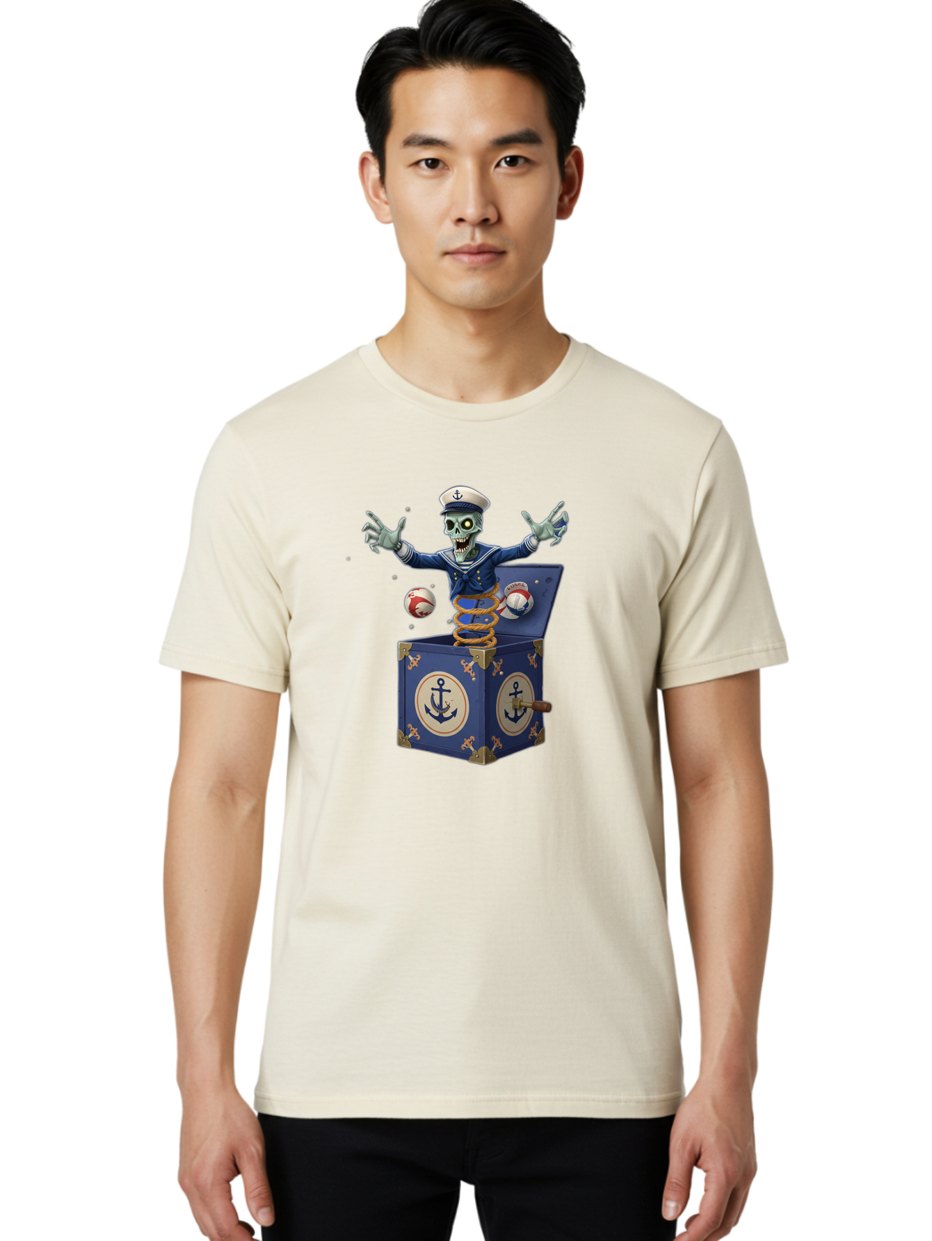 Jack-In-The-Box-Skeleton-Sailor Men'S Graphic Tee, 100% Cotton, Comfortable Casual Summer Wear, Machine Washable, Vintage Camera, Old Camera, Antique Camera, Black Camera, Classic Photography, Photography Equipment, Nostalgic Device, Bam697