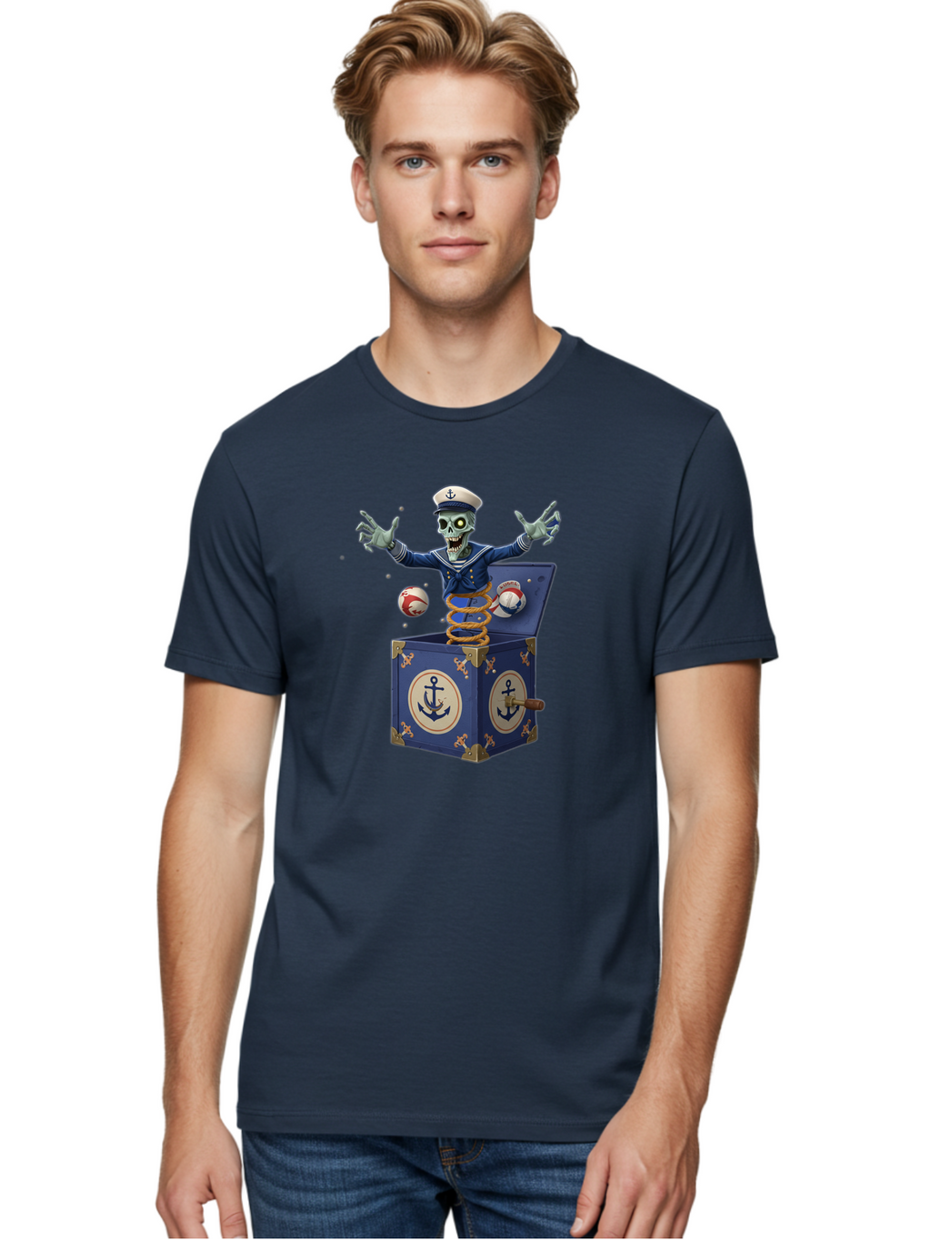 Jack-In-The-Box-Skeleton-Sailor Men'S Graphic Tee, 100% Cotton, Comfortable Casual Summer Wear, Machine Washable, Vintage Camera, Old Camera, Antique Camera, Black Camera, Classic Photography, Photography Equipment, Nostalgic Device, Bam697
