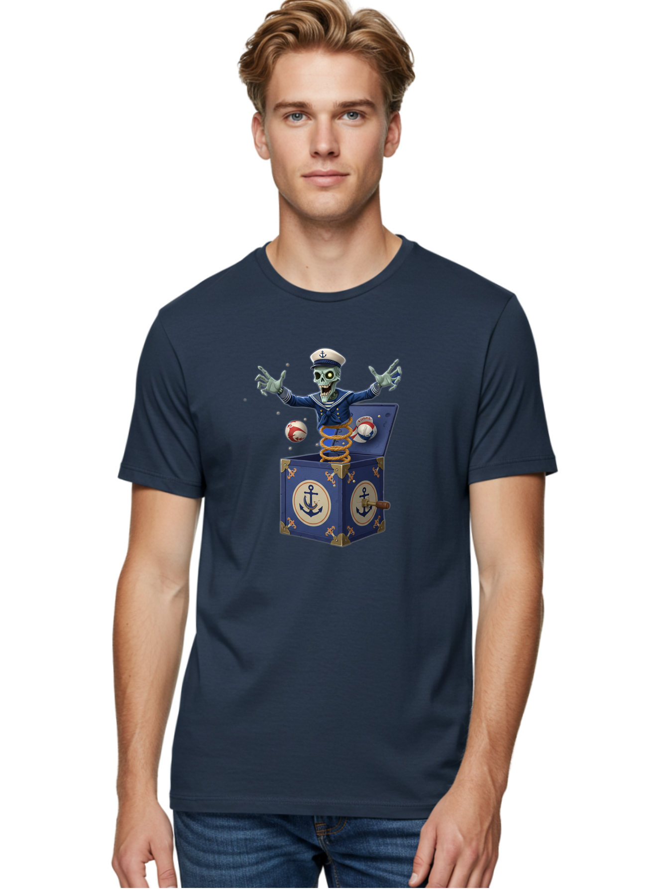 Jack-In-The-Box-Skeleton-Sailor Men'S Graphic Tee, 100% Cotton, Comfortable Casual Summer Wear, Machine Washable, Vintage Camera, Old Camera, Antique Camera, Black Camera, Classic Photography, Photography Equipment, Nostalgic Device, Bam697