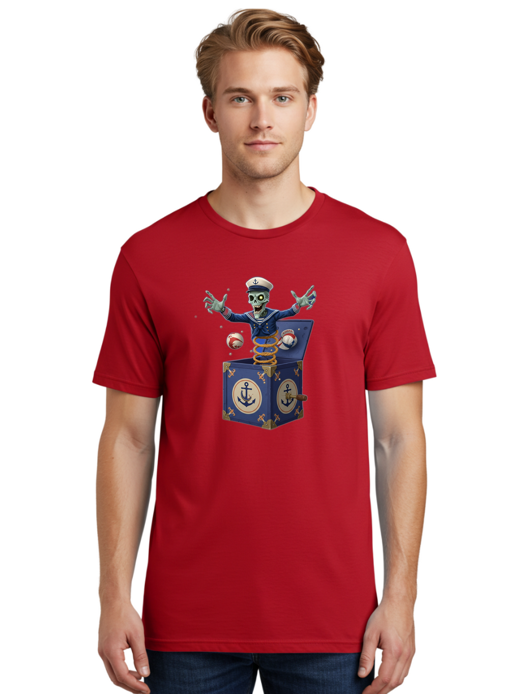 Jack-In-The-Box-Skeleton-Sailor Men'S Graphic Tee, 100% Cotton, Comfortable Casual Summer Wear, Machine Washable, Vintage Camera, Old Camera, Antique Camera, Black Camera, Classic Photography, Photography Equipment, Nostalgic Device, Bam697
