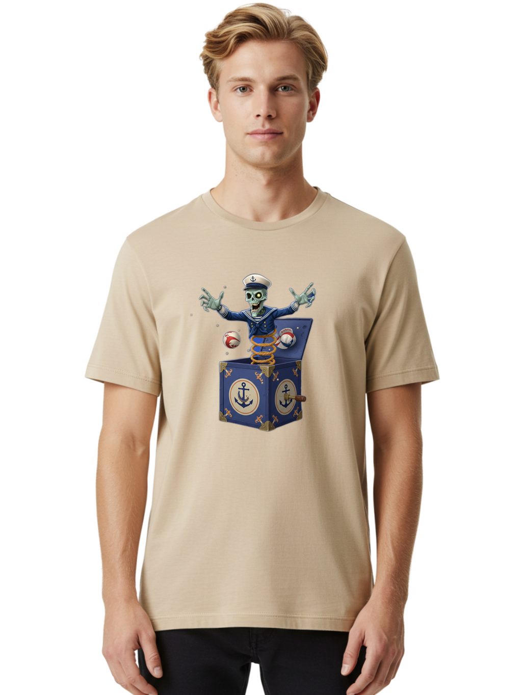 Jack-In-The-Box-Skeleton-Sailor Men'S Graphic Tee, 100% Cotton, Comfortable Casual Summer Wear, Machine Washable, Vintage Camera, Old Camera, Antique Camera, Black Camera, Classic Photography, Photography Equipment, Nostalgic Device, Bam697