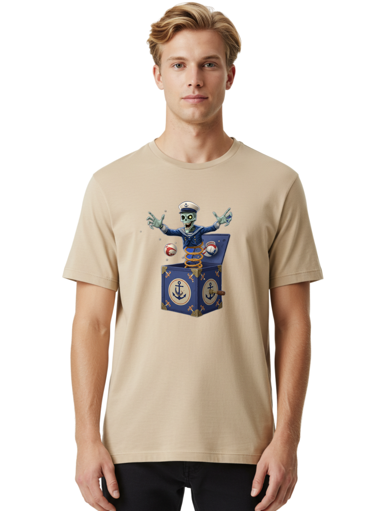 Jack-In-The-Box-Skeleton-Sailor Men'S Graphic Tee, 100% Cotton, Comfortable Casual Summer Wear, Machine Washable, Vintage Camera, Old Camera, Antique Camera, Black Camera, Classic Photography, Photography Equipment, Nostalgic Device, Bam697