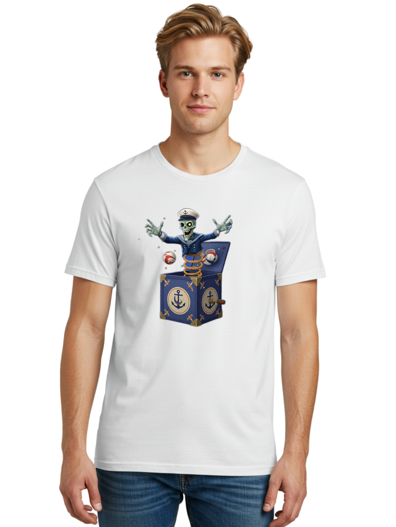 Jack-In-The-Box-Skeleton-Sailor Men'S Graphic Tee, 100% Cotton, Comfortable Casual Summer Wear, Machine Washable, Vintage Camera, Old Camera, Antique Camera, Black Camera, Classic Photography, Photography Equipment, Nostalgic Device, Bam697