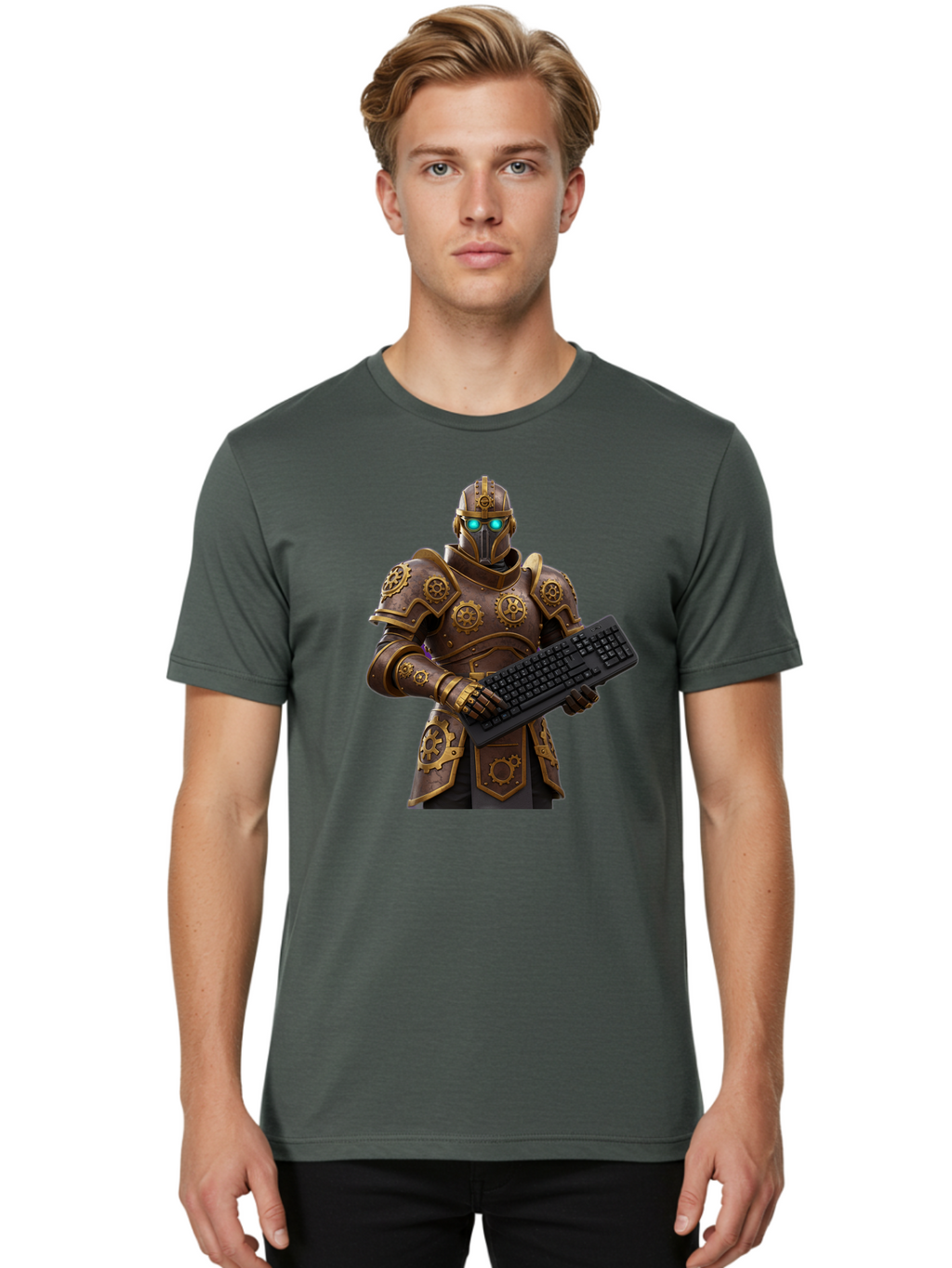 Knight-Holding-Keyboard Men'S Graphic Tee, 100% Cotton, Comfortable Casual Summer Wear, Machine Washable, Vintage Camera, Old Camera, Antique Camera, Black Camera, Classic Photography, Photography Equipment, Nostalgic Device, Film Camera, Bam722