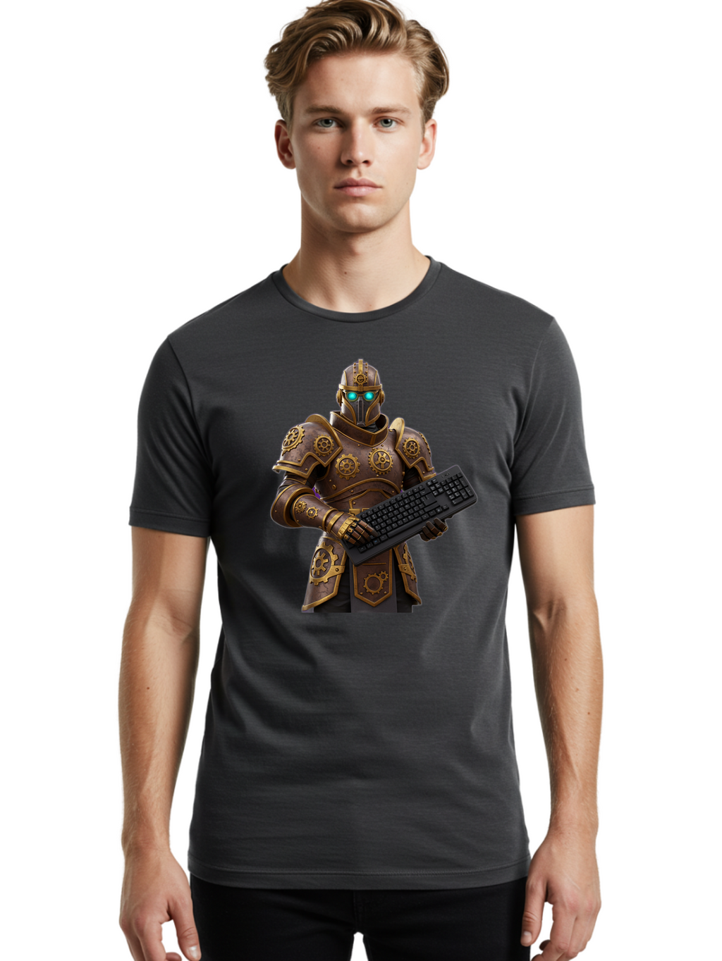 Knight-Holding-Keyboard Men'S Graphic Tee, 100% Cotton, Comfortable Casual Summer Wear, Machine Washable, Vintage Camera, Old Camera, Antique Camera, Black Camera, Classic Photography, Photography Equipment, Nostalgic Device, Film Camera, Bam722