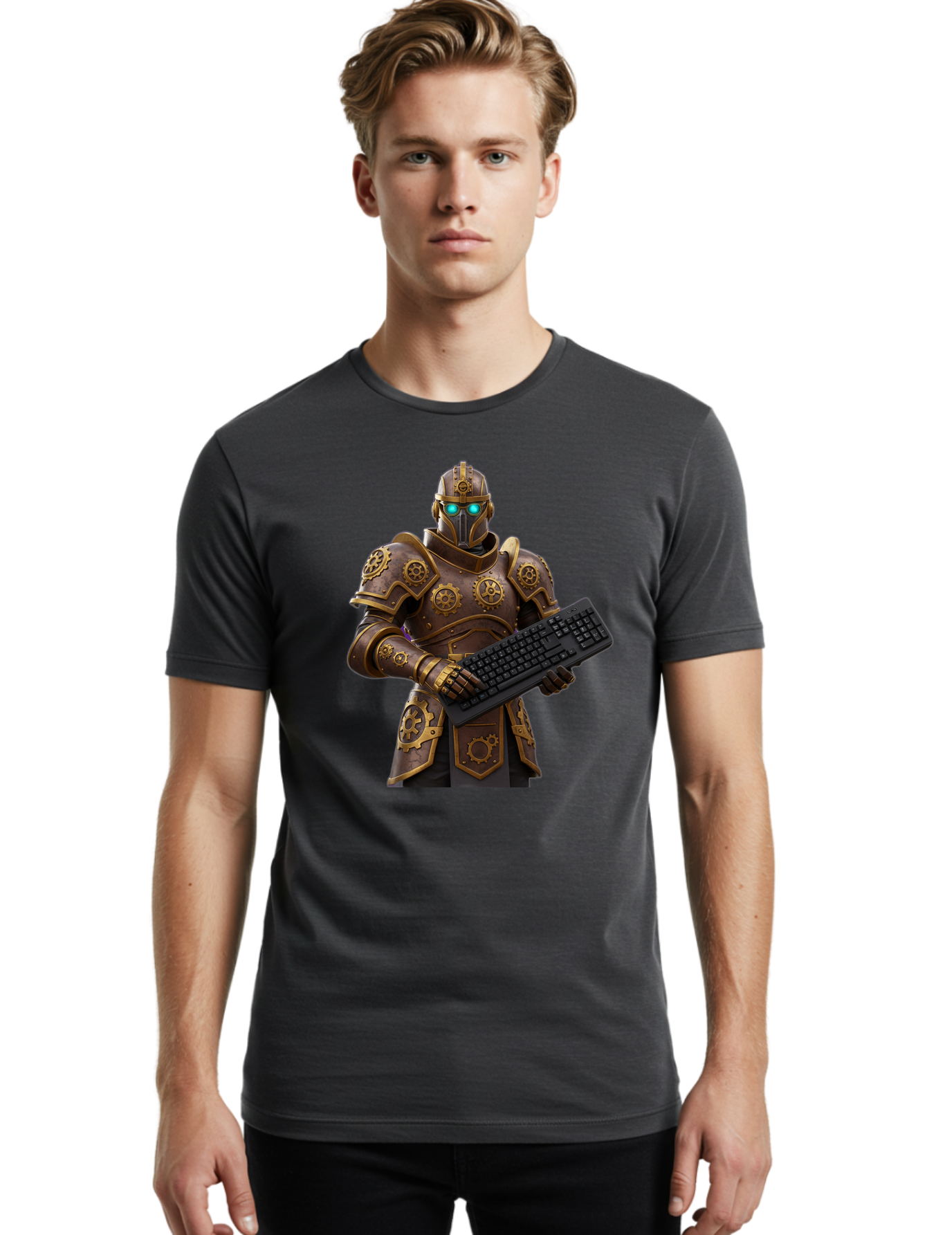 Knight-Holding-Keyboard Men'S Graphic Tee, 100% Cotton, Comfortable Casual Summer Wear, Machine Washable, Vintage Camera, Old Camera, Antique Camera, Black Camera, Classic Photography, Photography Equipment, Nostalgic Device, Film Camera, Bam722