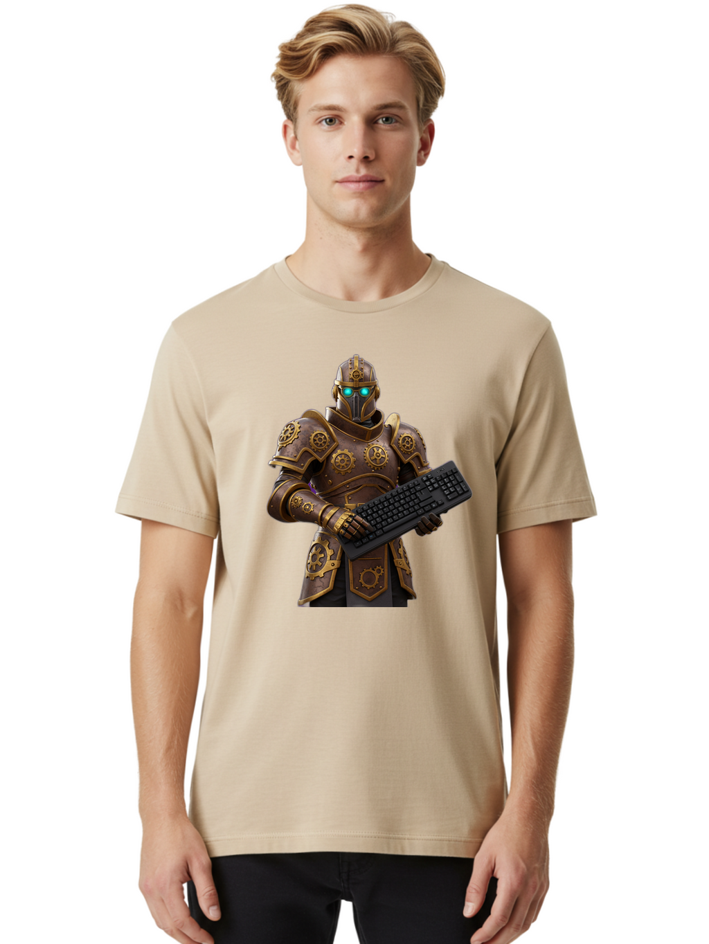 Knight-Holding-Keyboard Men'S Graphic Tee, 100% Cotton, Comfortable Casual Summer Wear, Machine Washable, Vintage Camera, Old Camera, Antique Camera, Black Camera, Classic Photography, Photography Equipment, Nostalgic Device, Film Camera, Bam722