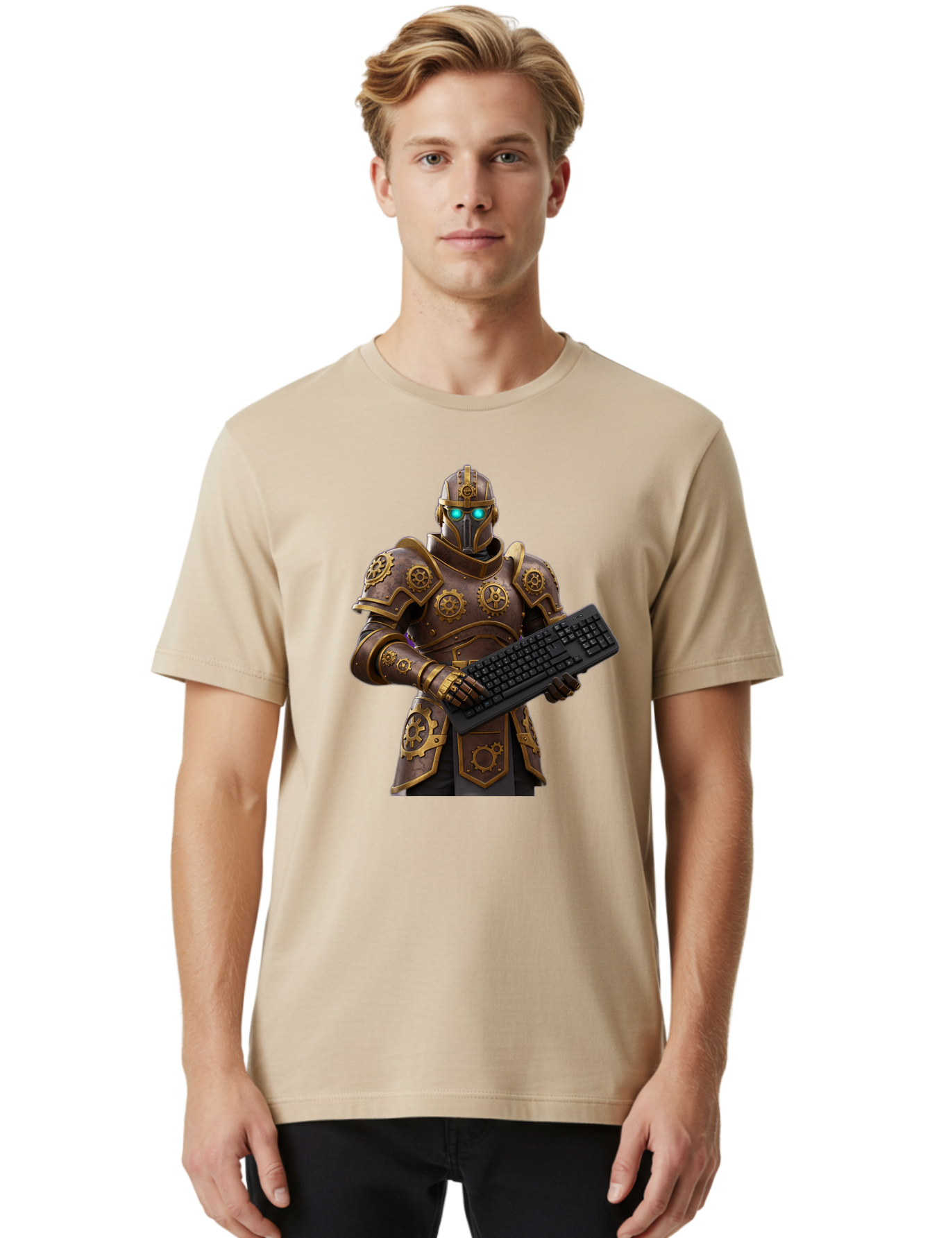 Knight-Holding-Keyboard Men'S Graphic Tee, 100% Cotton, Comfortable Casual Summer Wear, Machine Washable, Vintage Camera, Old Camera, Antique Camera, Black Camera, Classic Photography, Photography Equipment, Nostalgic Device, Film Camera, Bam722