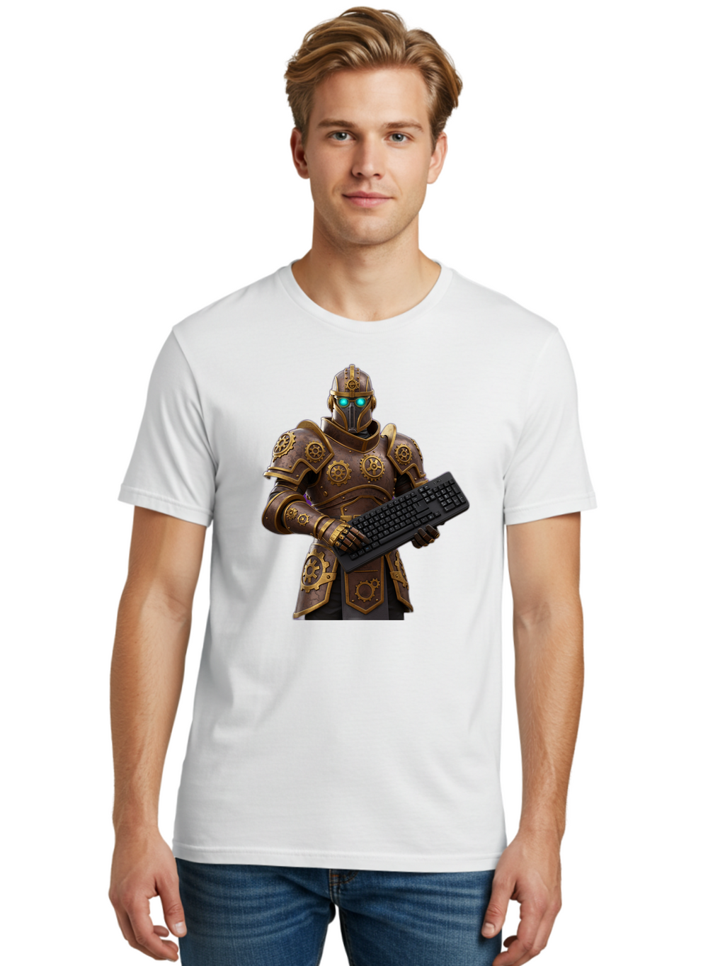 Knight-Holding-Keyboard Men'S Graphic Tee, 100% Cotton, Comfortable Casual Summer Wear, Machine Washable, Vintage Camera, Old Camera, Antique Camera, Black Camera, Classic Photography, Photography Equipment, Nostalgic Device, Film Camera, Bam722