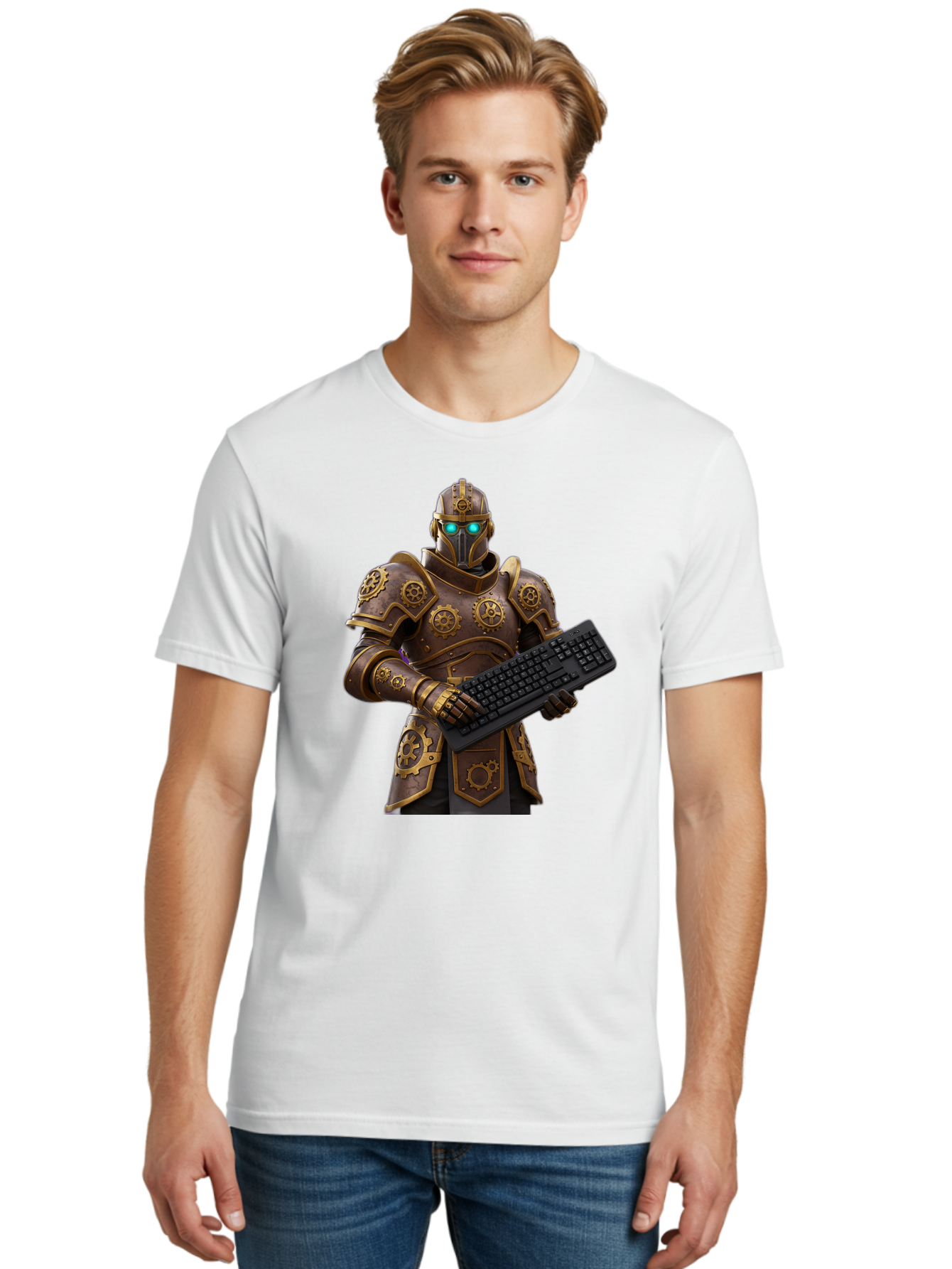 Knight-Holding-Keyboard Men'S Graphic Tee, 100% Cotton, Comfortable Casual Summer Wear, Machine Washable, Vintage Camera, Old Camera, Antique Camera, Black Camera, Classic Photography, Photography Equipment, Nostalgic Device, Film Camera, Bam722