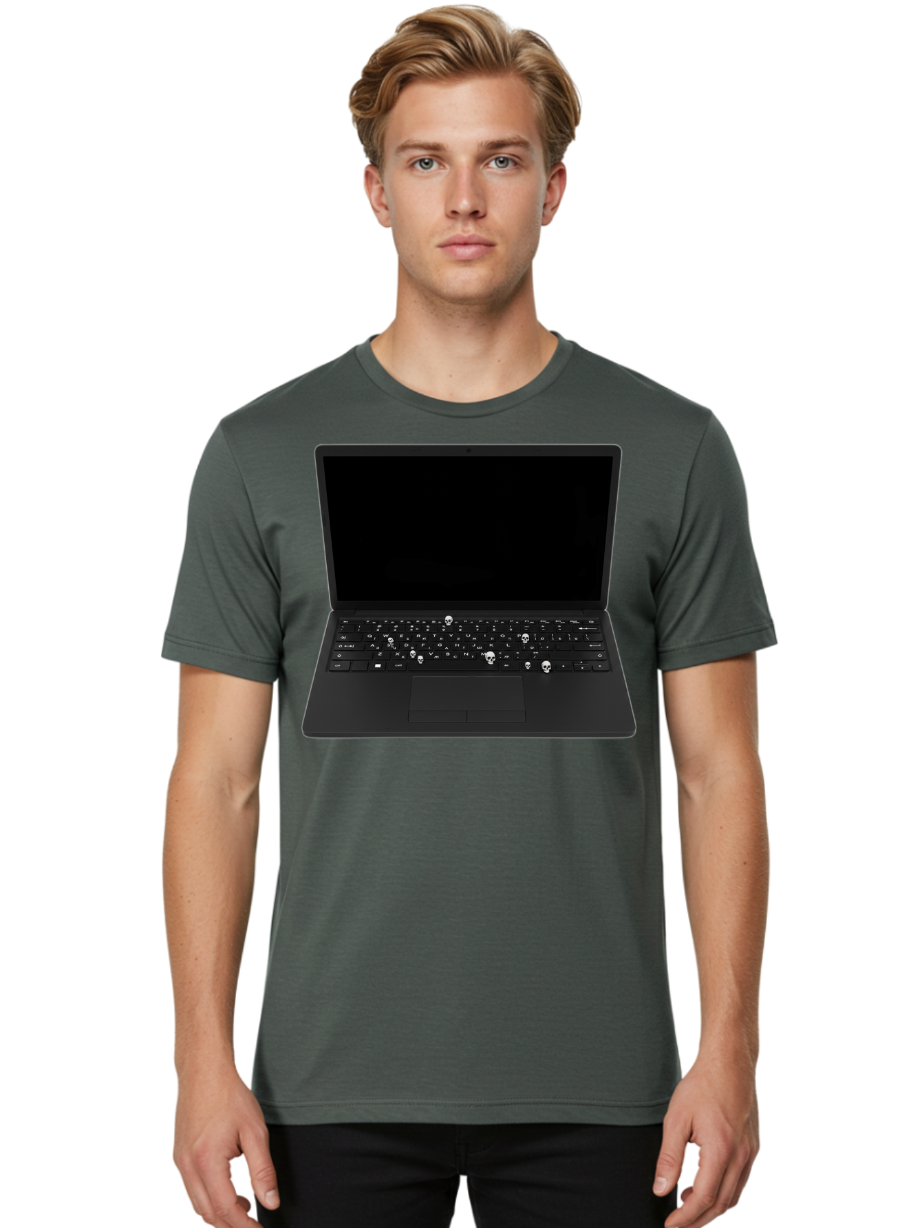 Laptop-With-Skull-Keys Men'S Graphic Tee, 100% Cotton, Comfortable Casual Summer Wear, Machine Washable, Vintage Camera, Old Camera, Antique Camera, Black Camera, Classic Photography, Photography Equipment, Nostalgic Device, Film Camera, Bam730