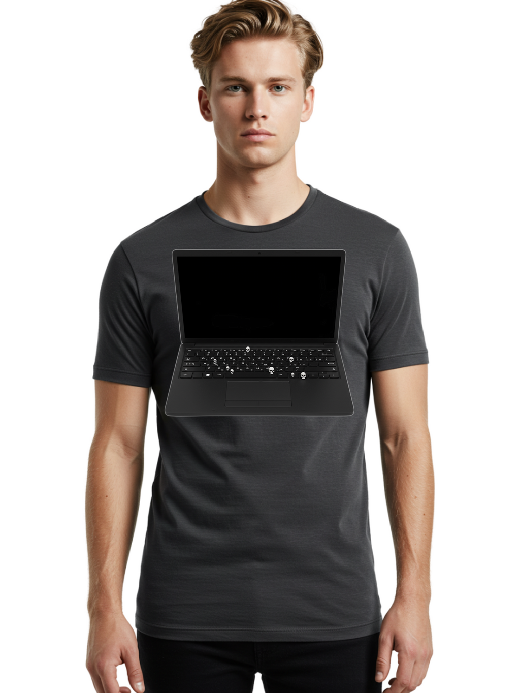 Laptop-With-Skull-Keys Men'S Graphic Tee, 100% Cotton, Comfortable Casual Summer Wear, Machine Washable, Vintage Camera, Old Camera, Antique Camera, Black Camera, Classic Photography, Photography Equipment, Nostalgic Device, Film Camera, Bam730