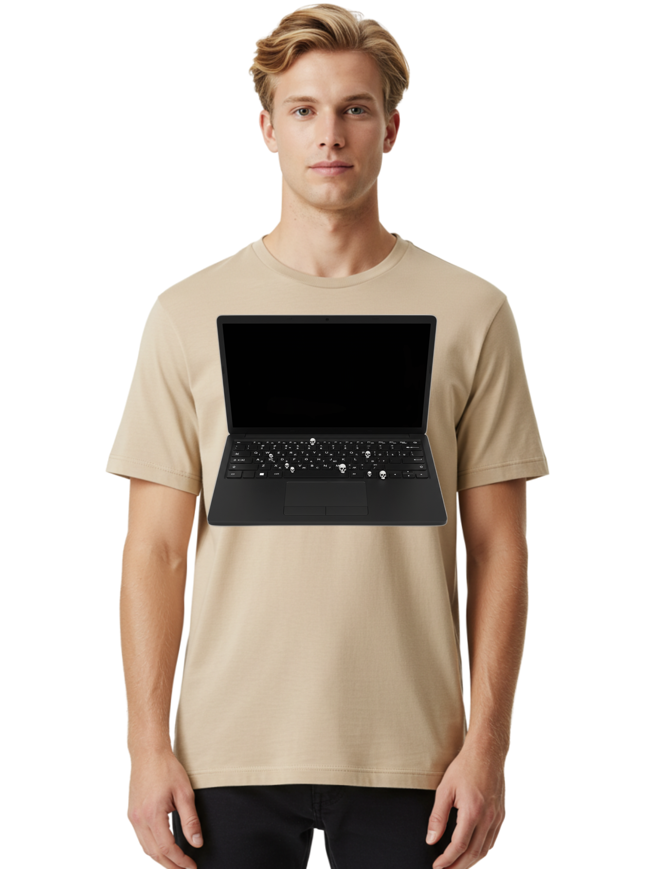 Laptop-With-Skull-Keys Men'S Graphic Tee, 100% Cotton, Comfortable Casual Summer Wear, Machine Washable, Vintage Camera, Old Camera, Antique Camera, Black Camera, Classic Photography, Photography Equipment, Nostalgic Device, Film Camera, Bam730