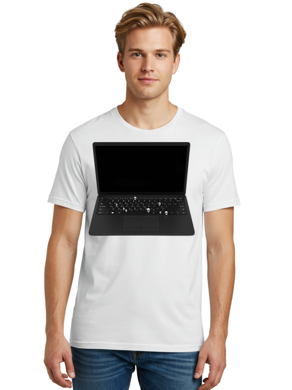 Laptop-With-Skull-Keys Men'S Graphic Tee, 100% Cotton, Comfortable Casual Summer Wear, Machine Washable, Vintage Camera, Old Camera, Antique Camera, Black Camera, Classic Photography, Photography Equipment, Nostalgic Device, Film Camera, Bam730
