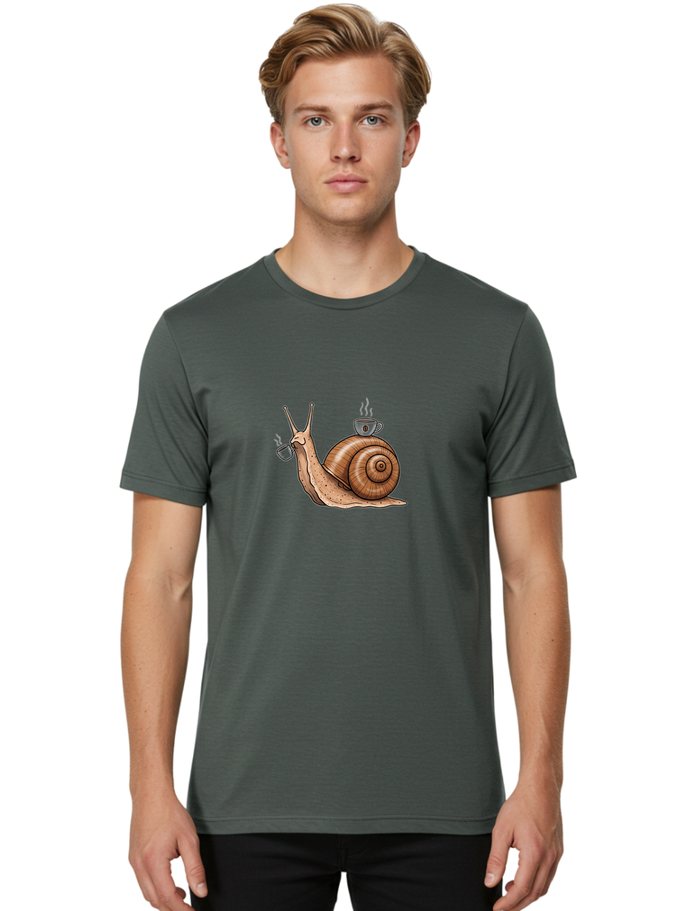 Lazy-Snail-With-Coffee-Mug-1 Men'S Graphic Tee, 100% Cotton, Comfortable Casual Summer Wear, Machine Washable, Vintage Camera, Old Camera, Antique Camera, Black Camera, Classic Photography, Photography Equipment, Nostalgic Device, Film Camera, Bam752