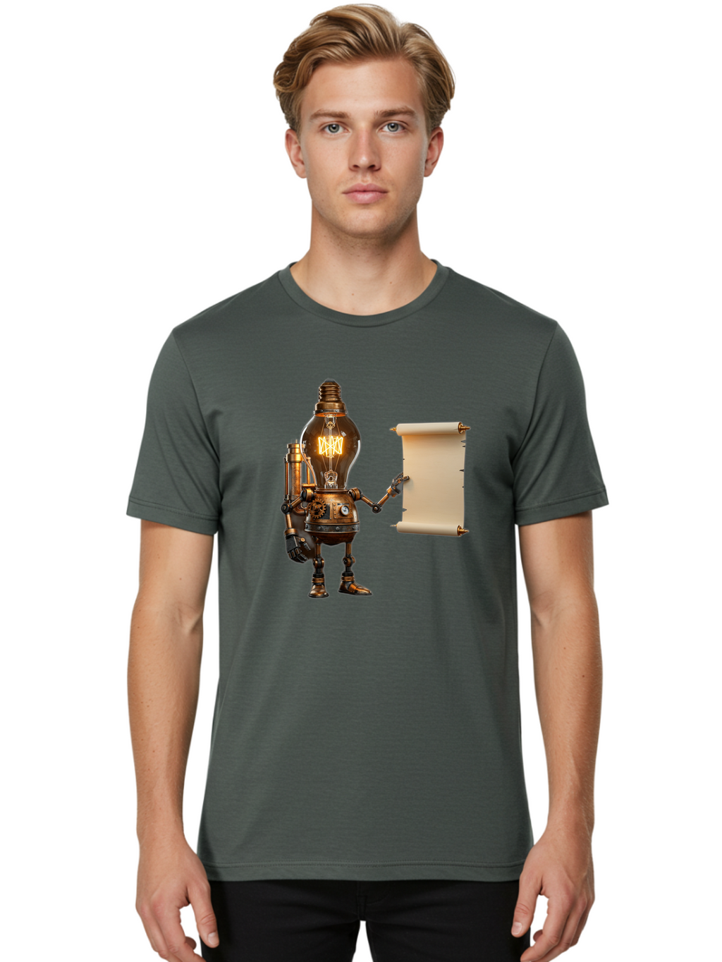 Light-Bulb-Robot Men'S Graphic Tee, 100% Cotton, Comfortable Casual Summer Wear, Machine Washable, Vintage Camera, Old Camera, Antique Camera, Black Camera, Classic Photography, Photography Equipment, Nostalgic Device, Film Camera, Camera Art Bam766